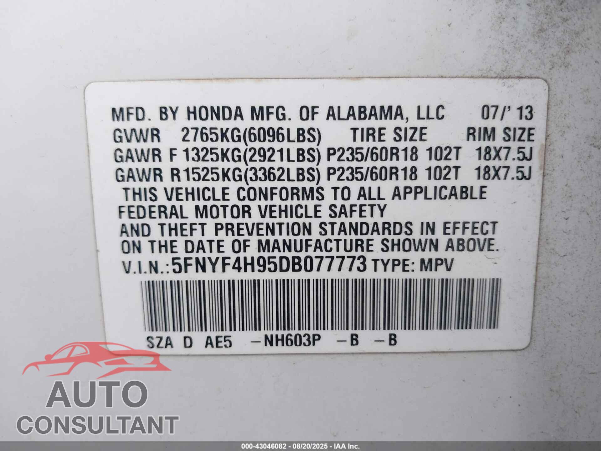 HONDA PILOT 2013 - 5FNYF4H95DB077773