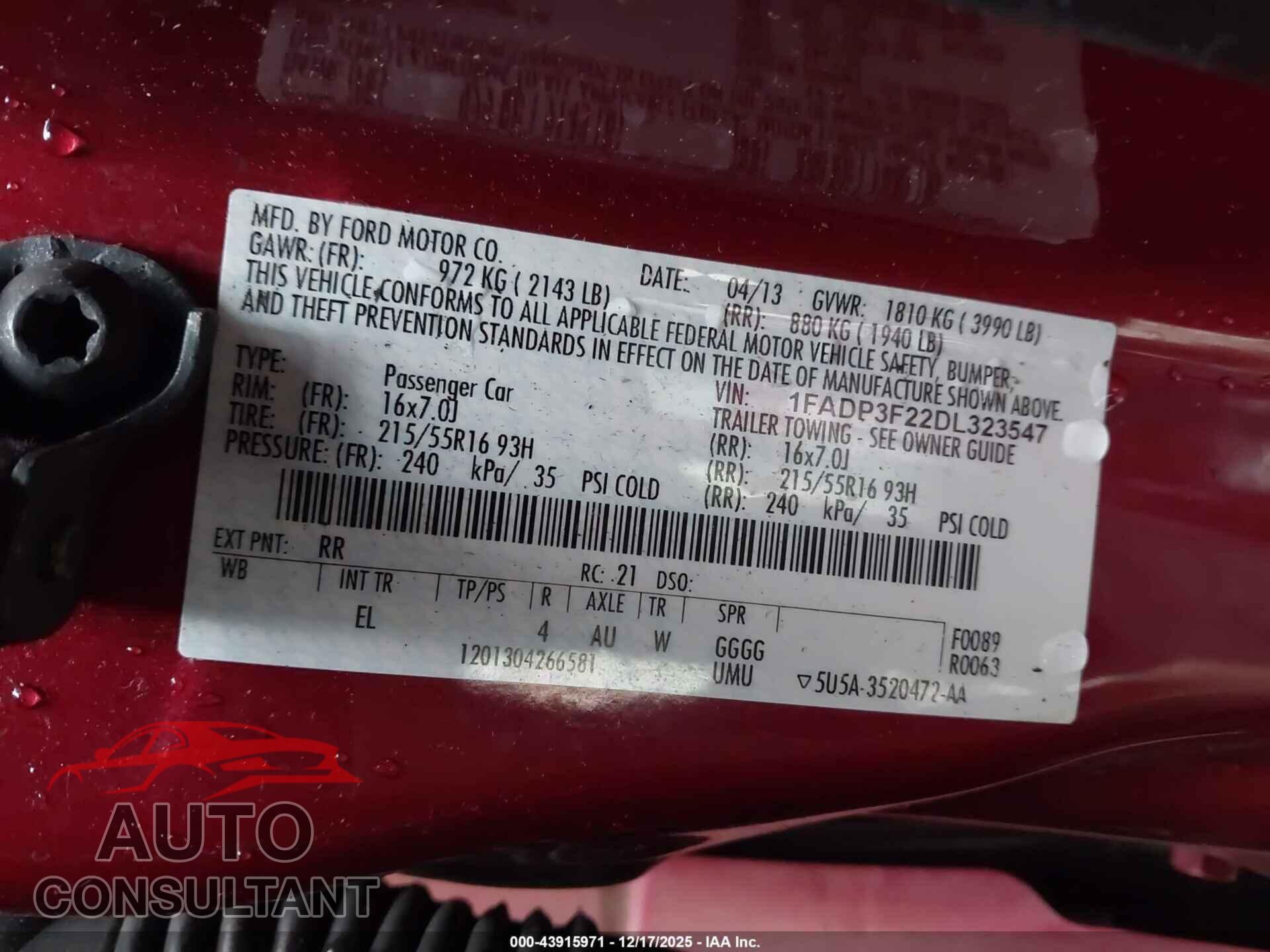 FORD FOCUS 2013 - 1FADP3F22DL323547
