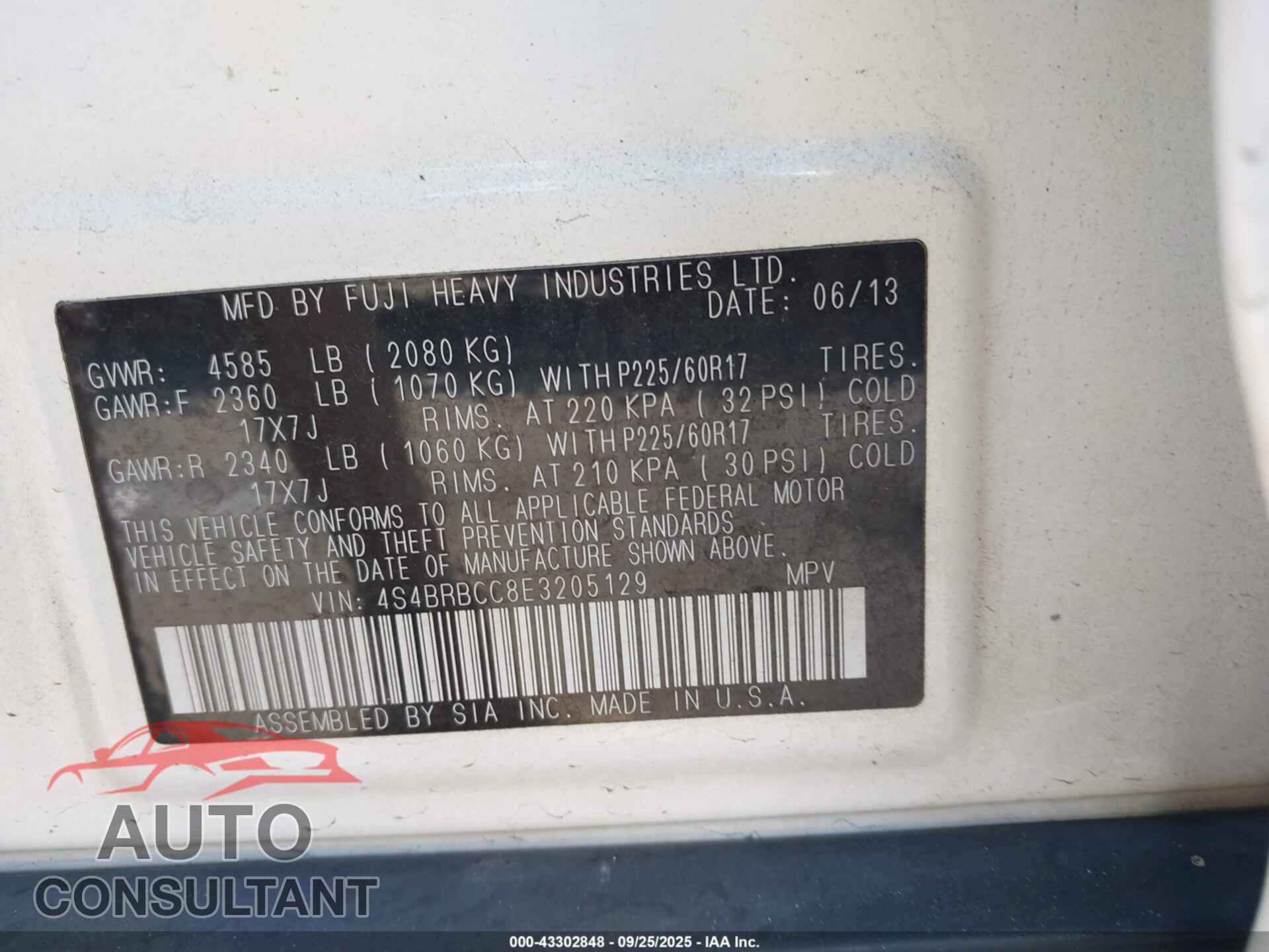 SUBARU OUTBACK 2014 - 4S4BRBCC8E3205129