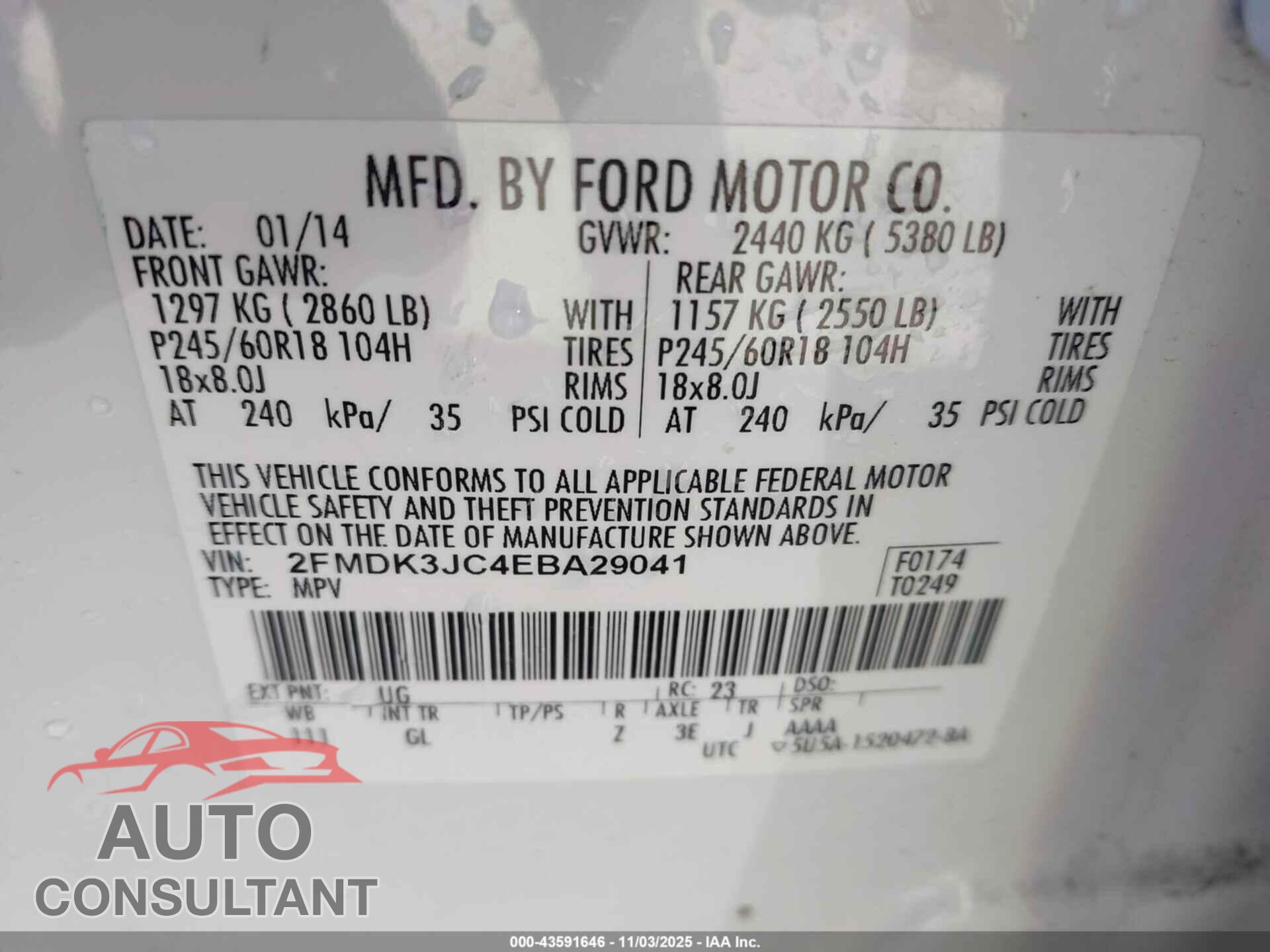 FORD EDGE 2014 - 2FMDK3JC4EBA29041