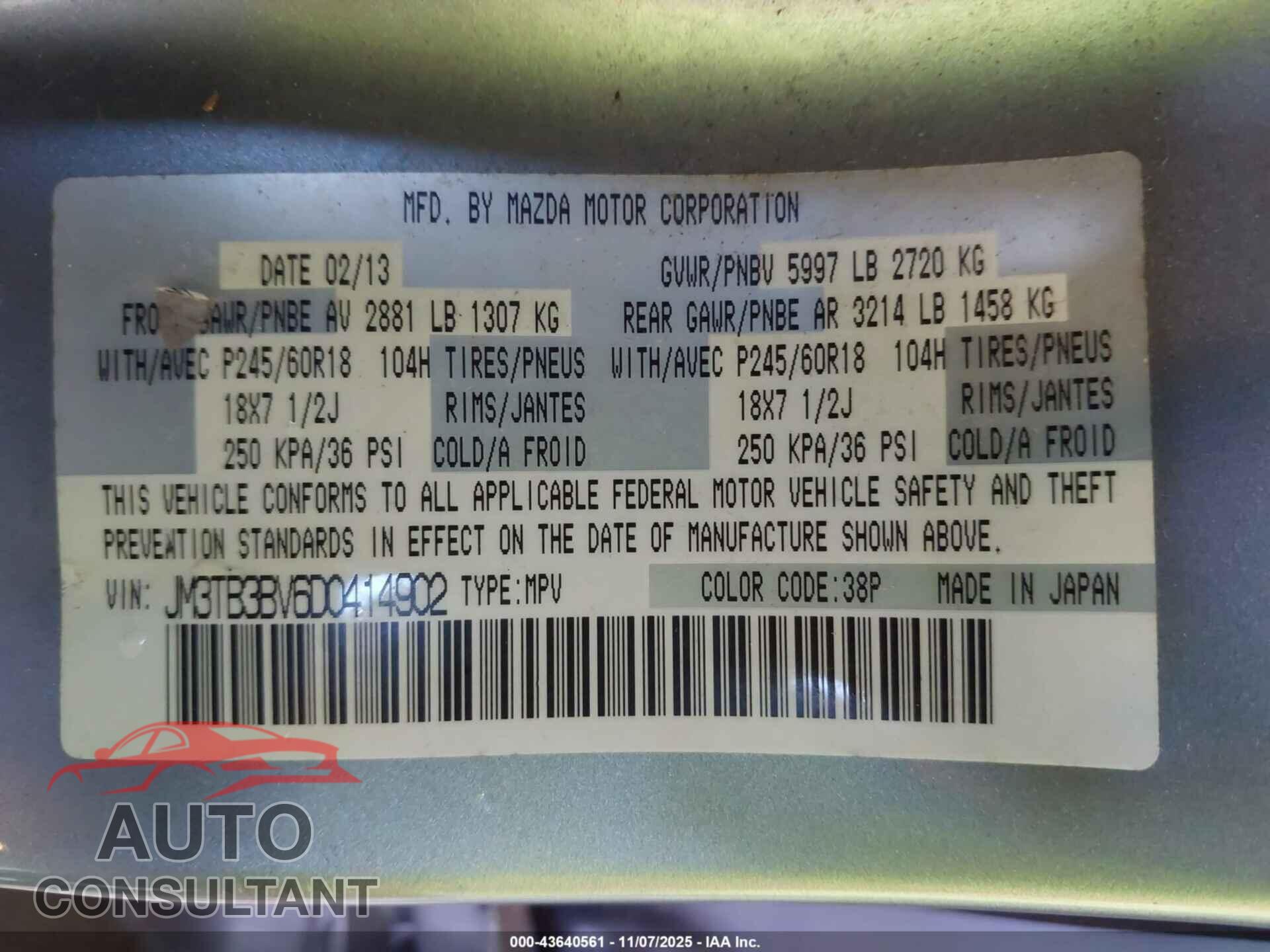 MAZDA CX-9 2013 - JM3TB3BV6D0414902