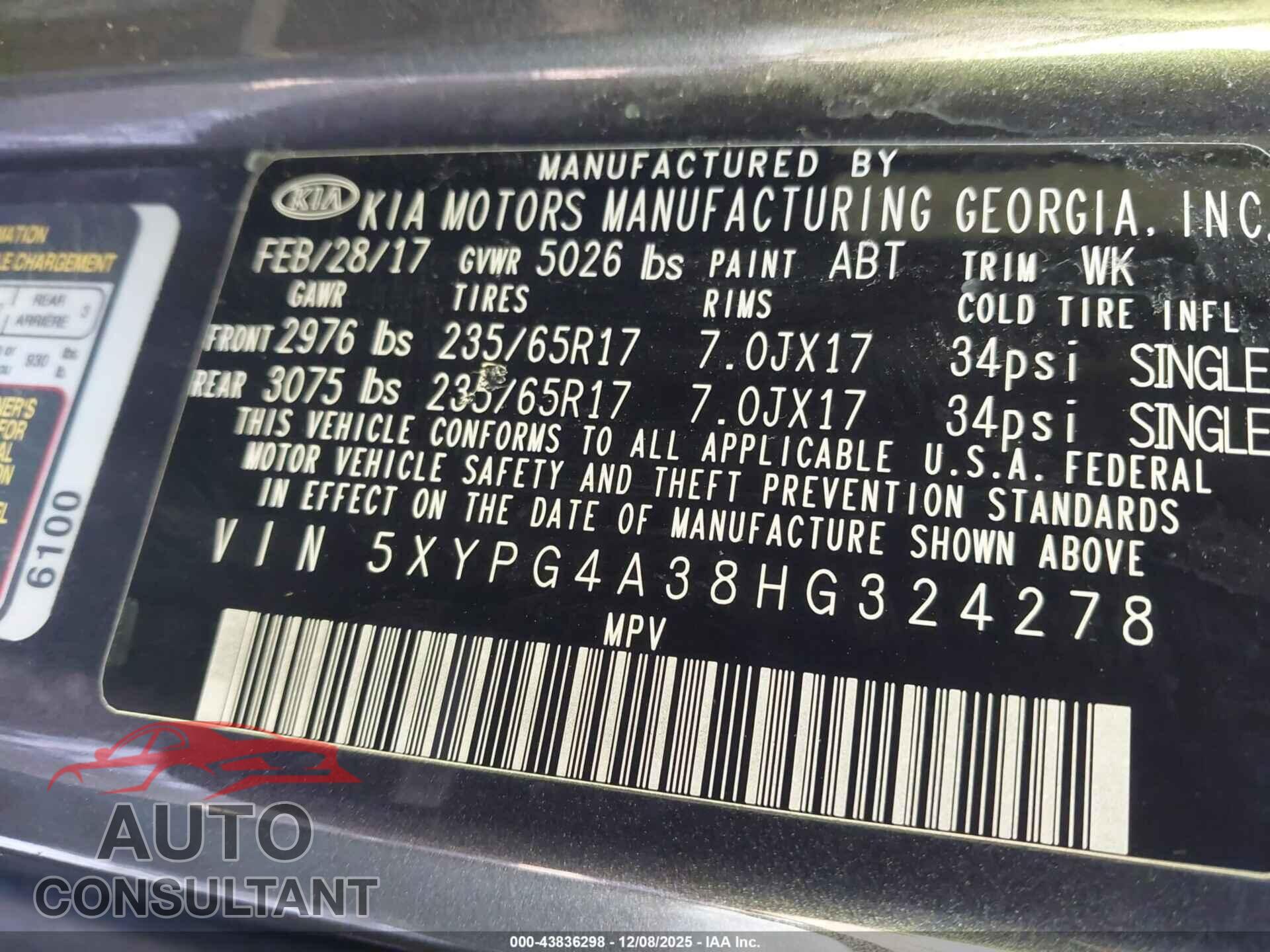 KIA SORENTO 2017 - 5XYPG4A38HG324278