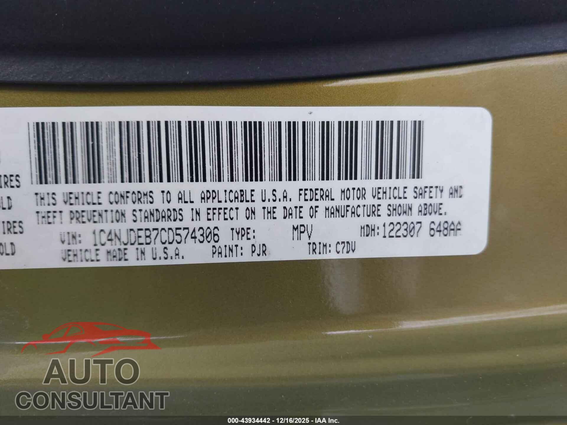JEEP COMPASS 2012 - 1C4NJDEB7CD574306