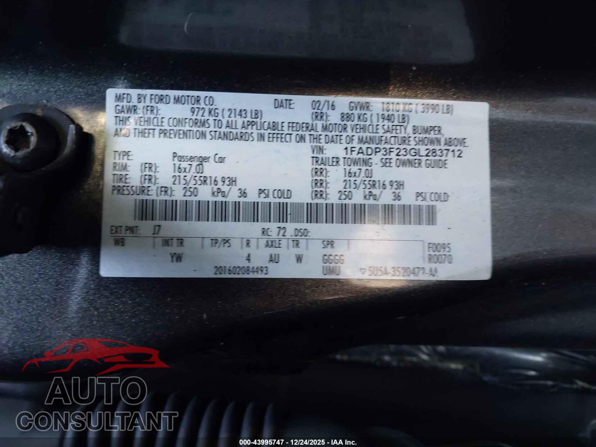 FORD FOCUS 2016 - 1FADP3F23GL283712