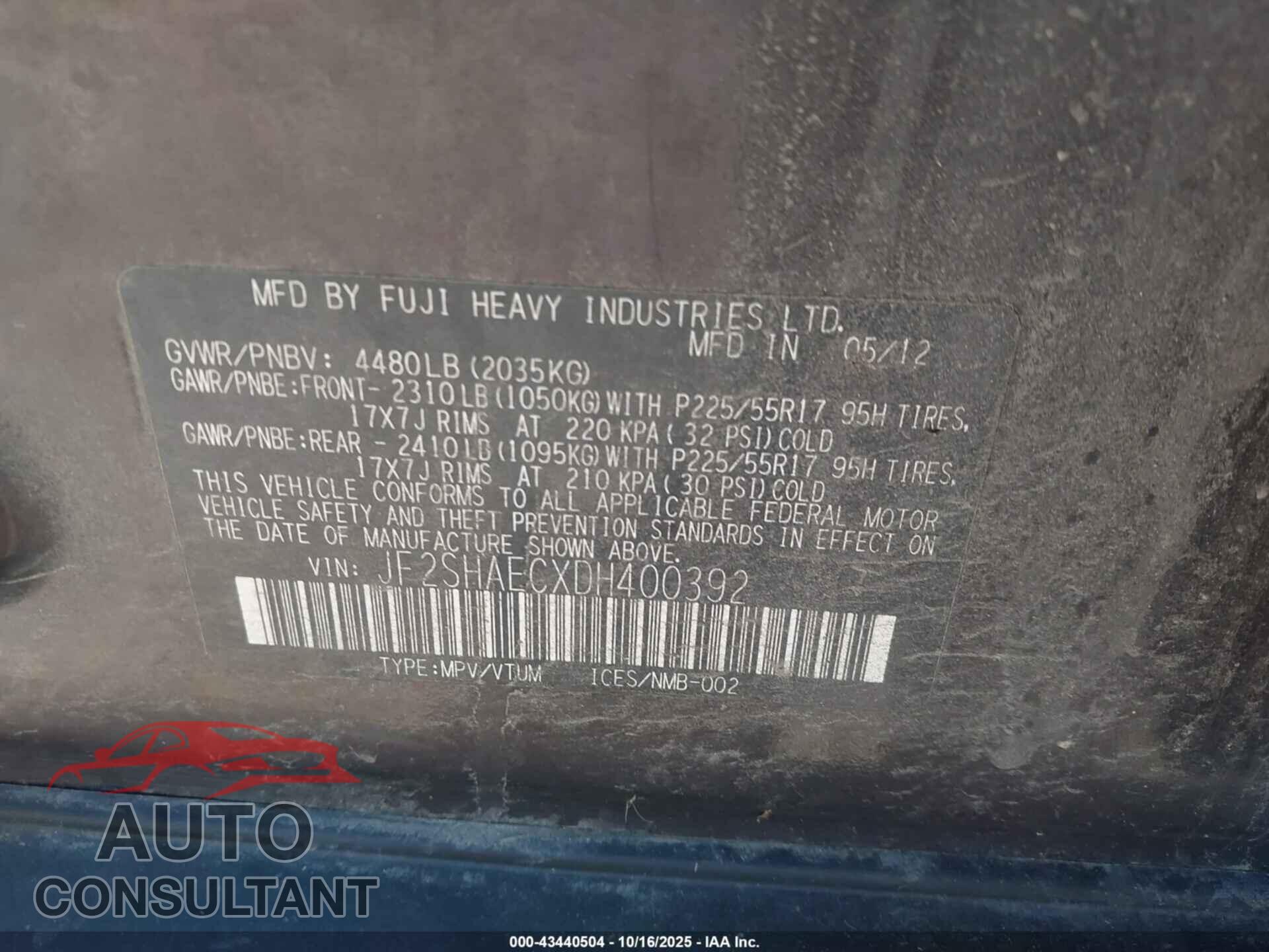 SUBARU FORESTER 2013 - JF2SHAECXDH400392