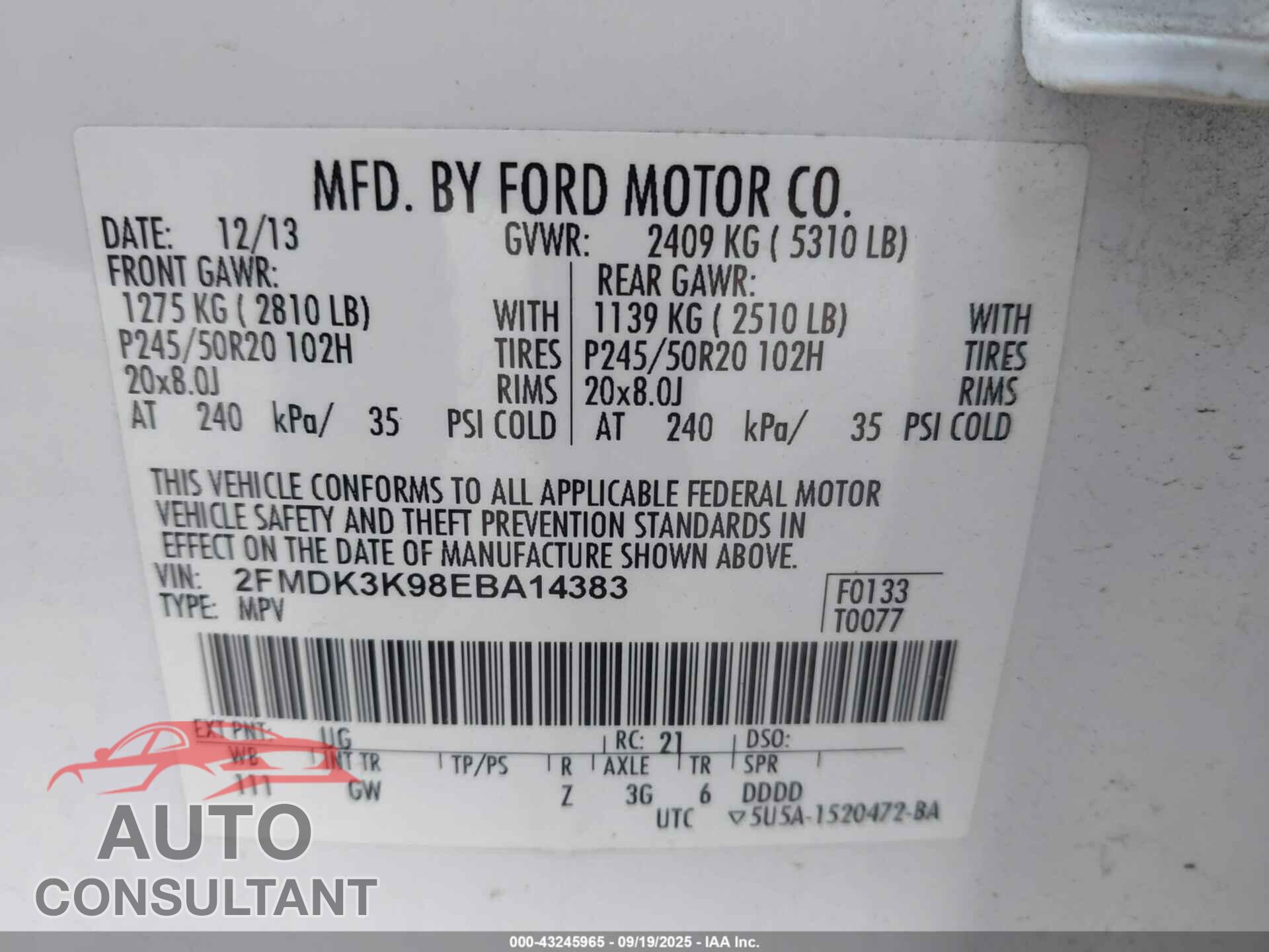 FORD EDGE 2014 - 2FMDK3K98EBA14383