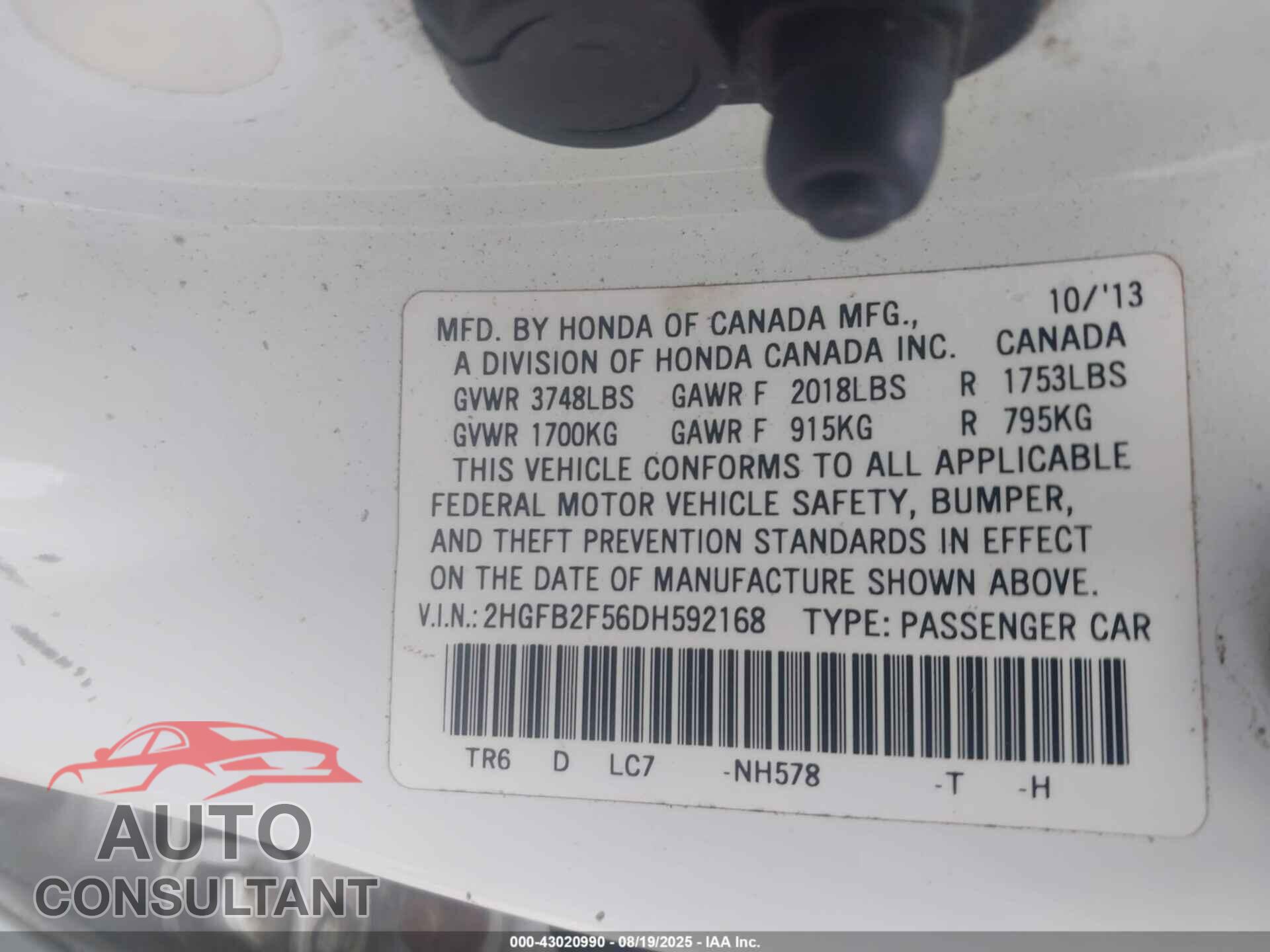 HONDA CIVIC 2013 - 2HGFB2F56DH592168