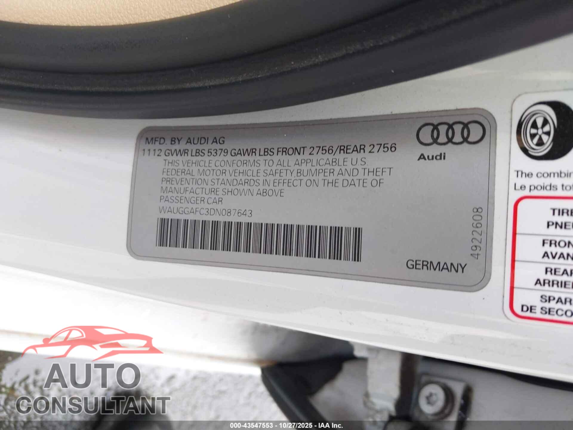 AUDI A6 2013 - WAUGGAFC3DN087643