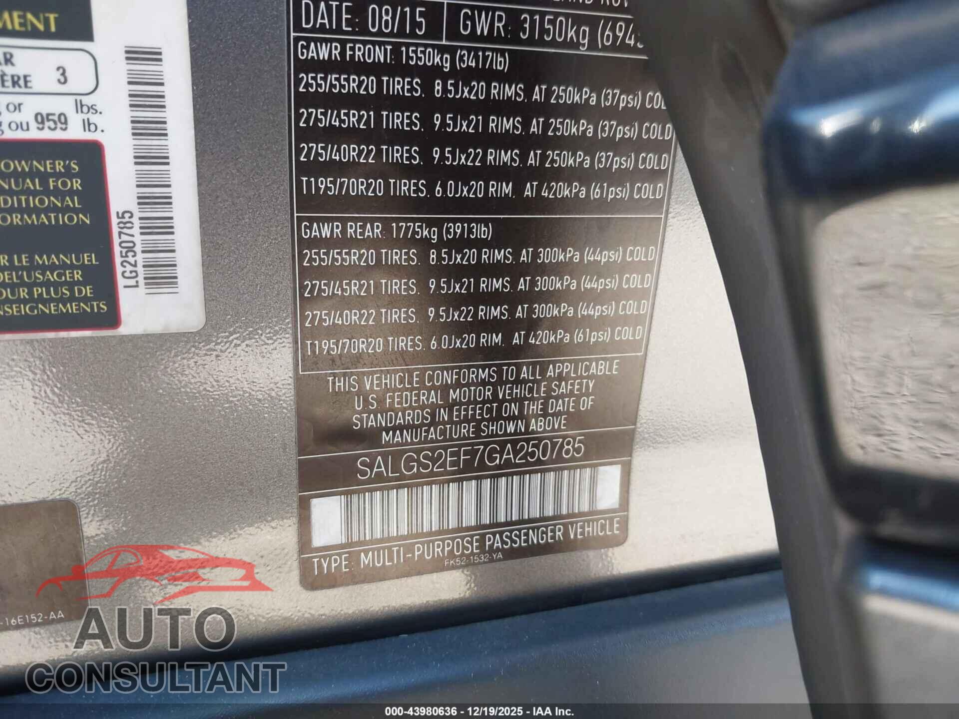 LAND ROVER RANGE ROVER 2016 - SALGS2EF7GA250785