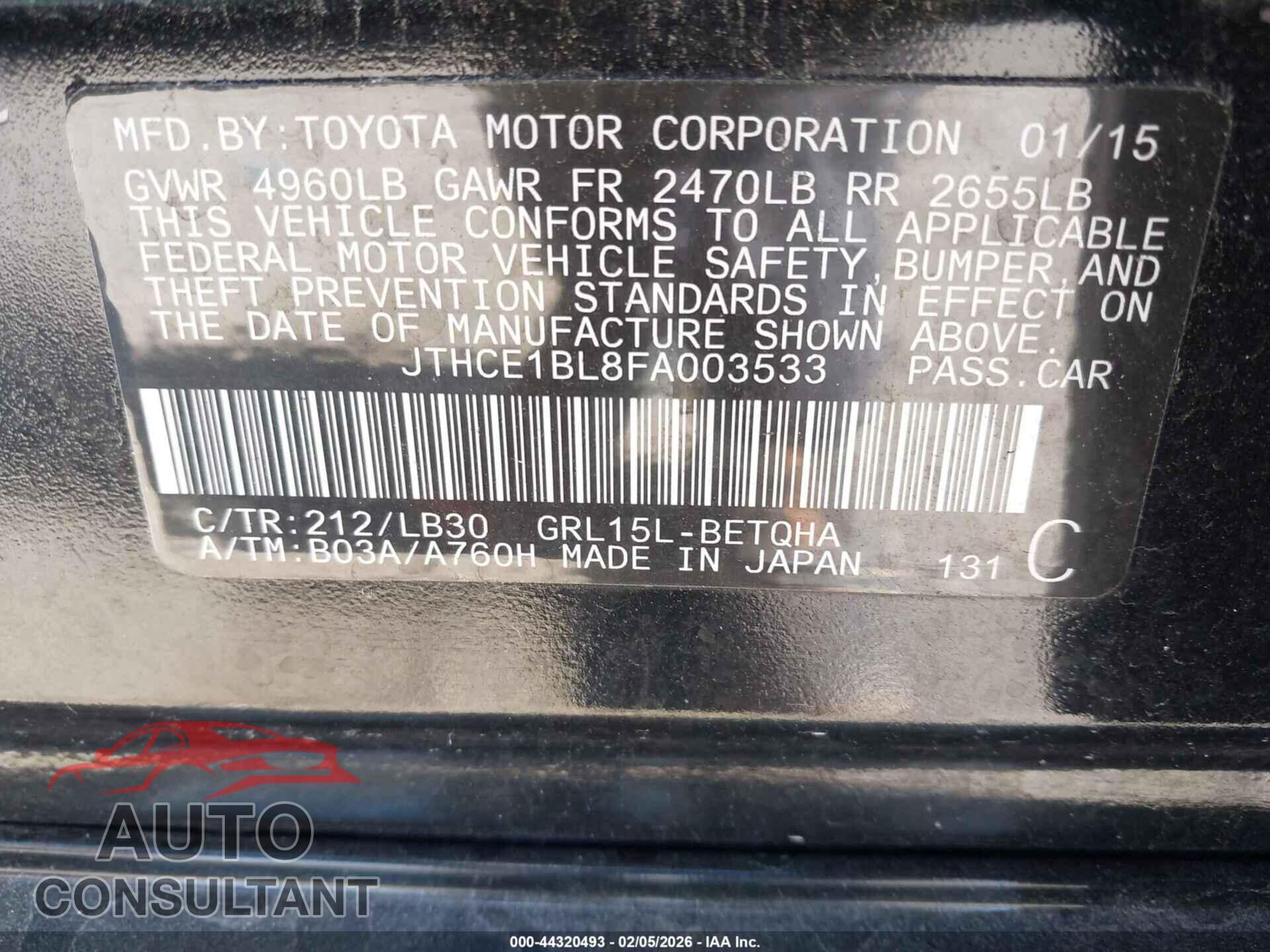 LEXUS GS 350 2015 - JTHCE1BL8FA003533