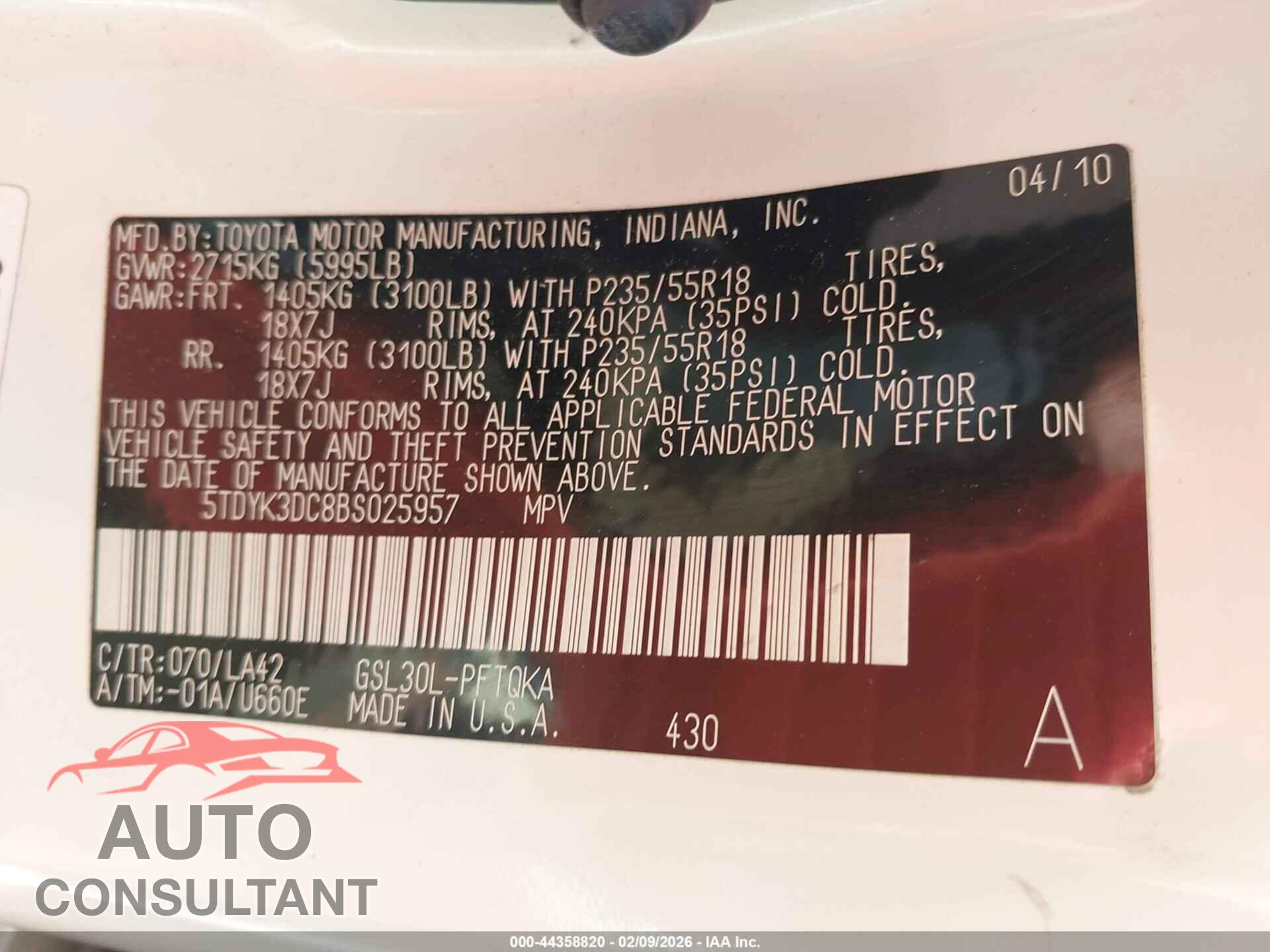 TOYOTA SIENNA 2011 - 5TDYK3DC8BS025957