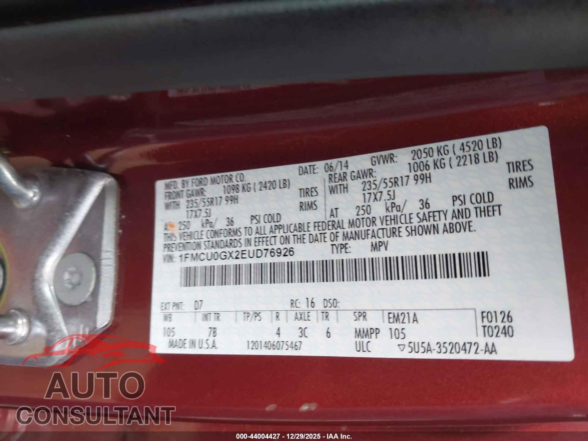 FORD ESCAPE 2014 - 1FMCU0GX2EUD76926