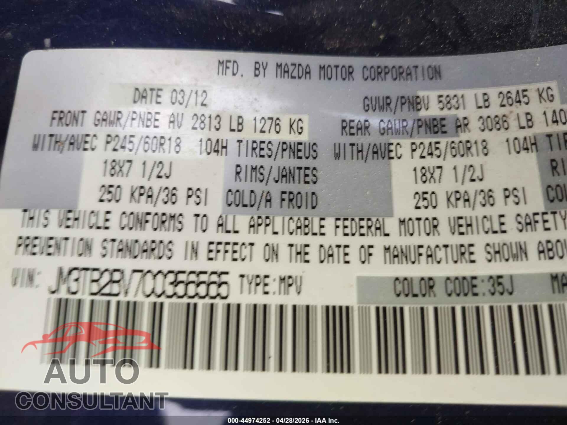 MAZDA CX-9 2012 - JM3TB2BV7C0356565