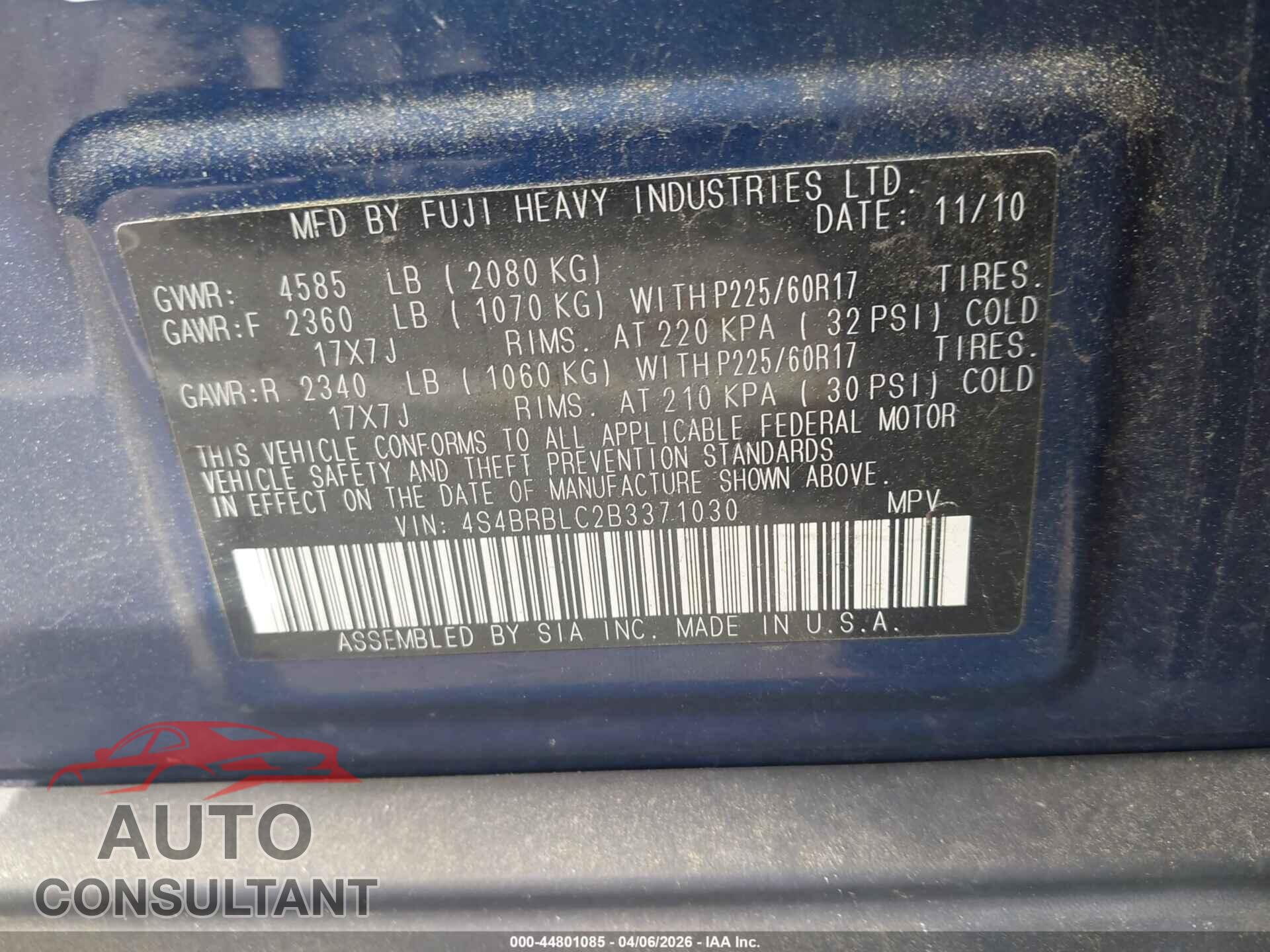 SUBARU OUTBACK 2011 - 4S4BRBLC2B3371030