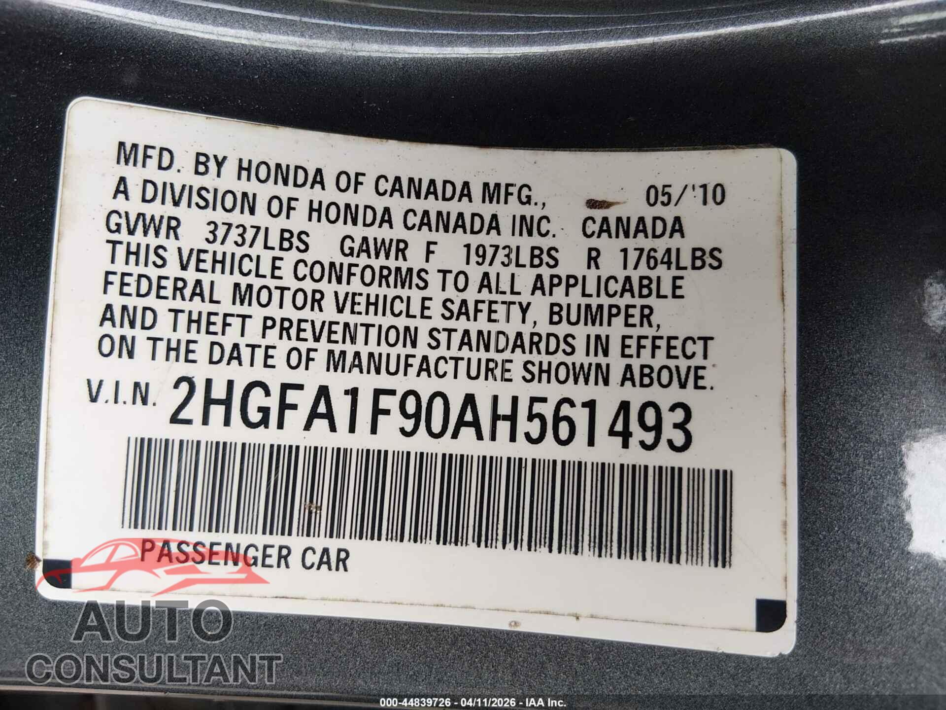 HONDA CIVIC 2010 - 2HGFA1F90AH561493