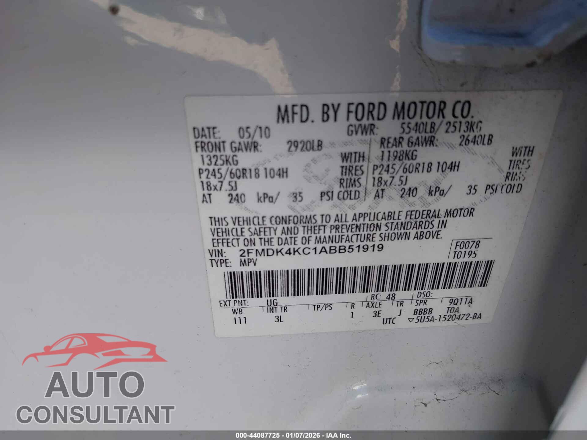 FORD EDGE 2010 - 2FMDK4KC1ABB51919