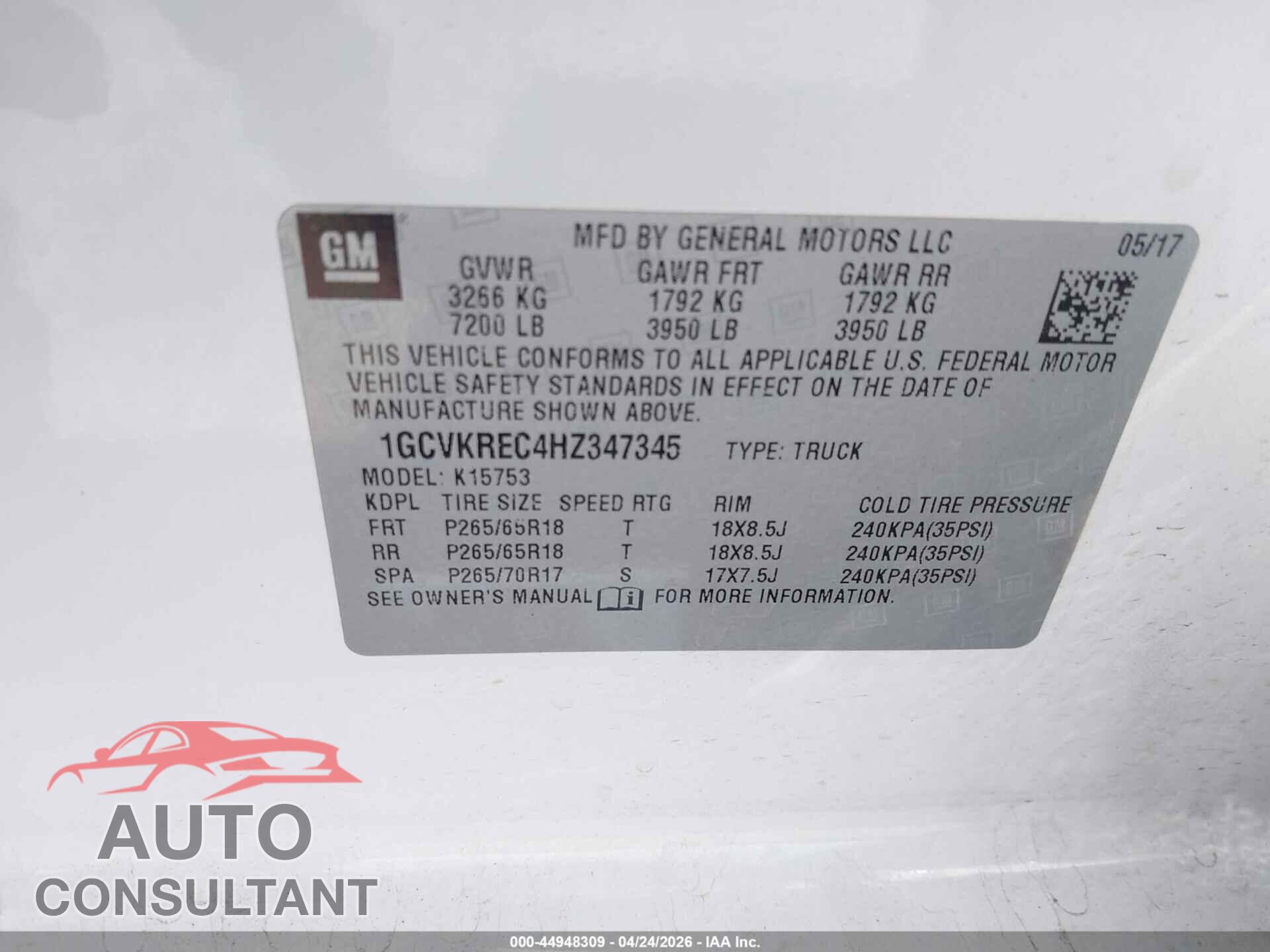 CHEVROLET SILVERADO 1500 2017 - 1GCVKREC4HZ347345