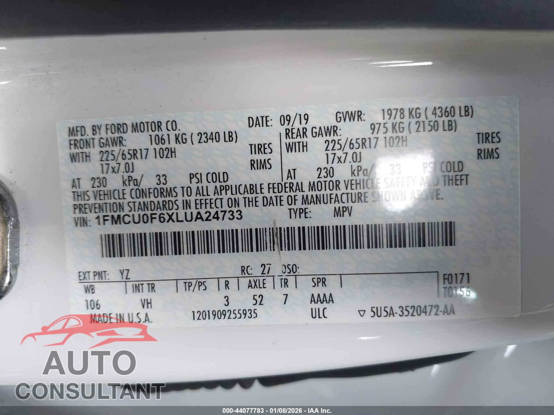 FORD ESCAPE 2020 - 1FMCU0F6XLUA24733