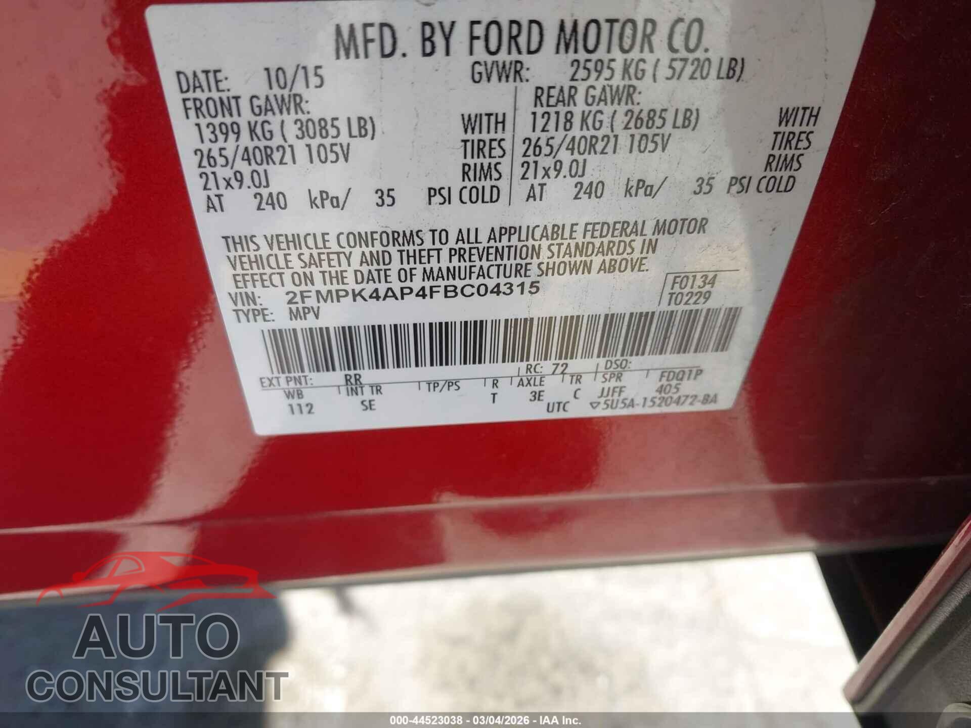 FORD EDGE 2015 - 2FMPK4AP4FBC04315