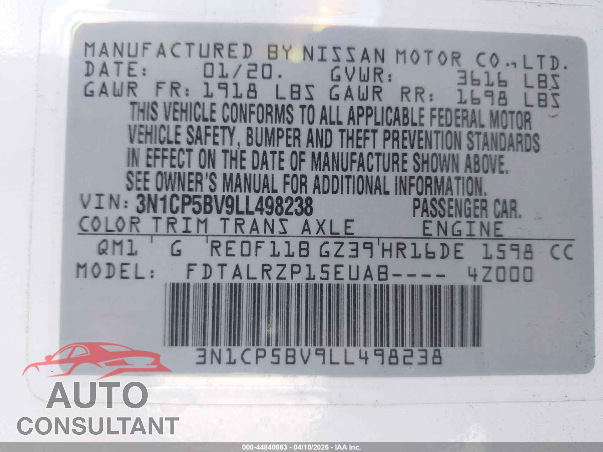 NISSAN KICKS 2020 - 3N1CP5BV9LL498238