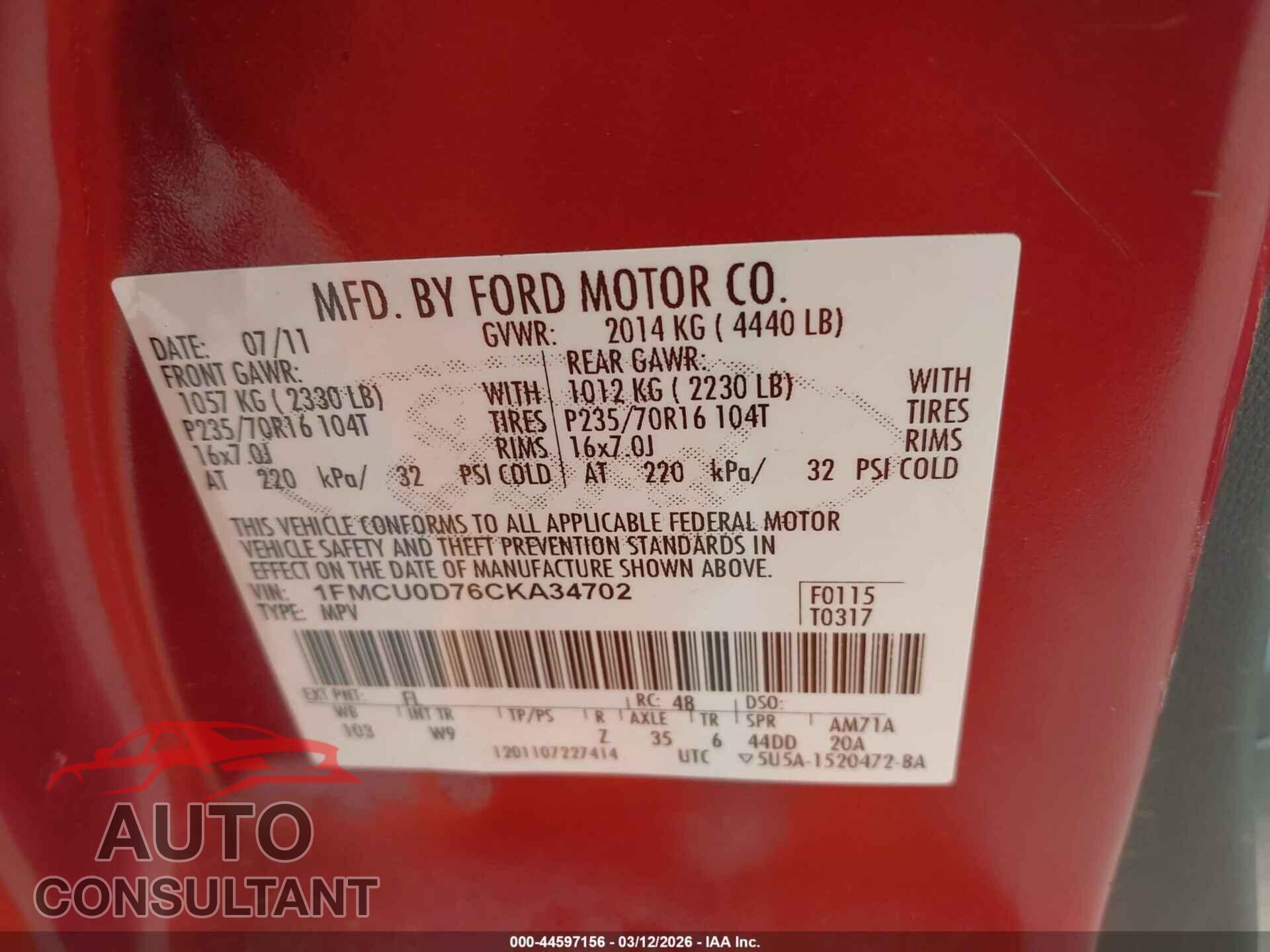 FORD ESCAPE 2012 - 1FMCU0D76CKA34702