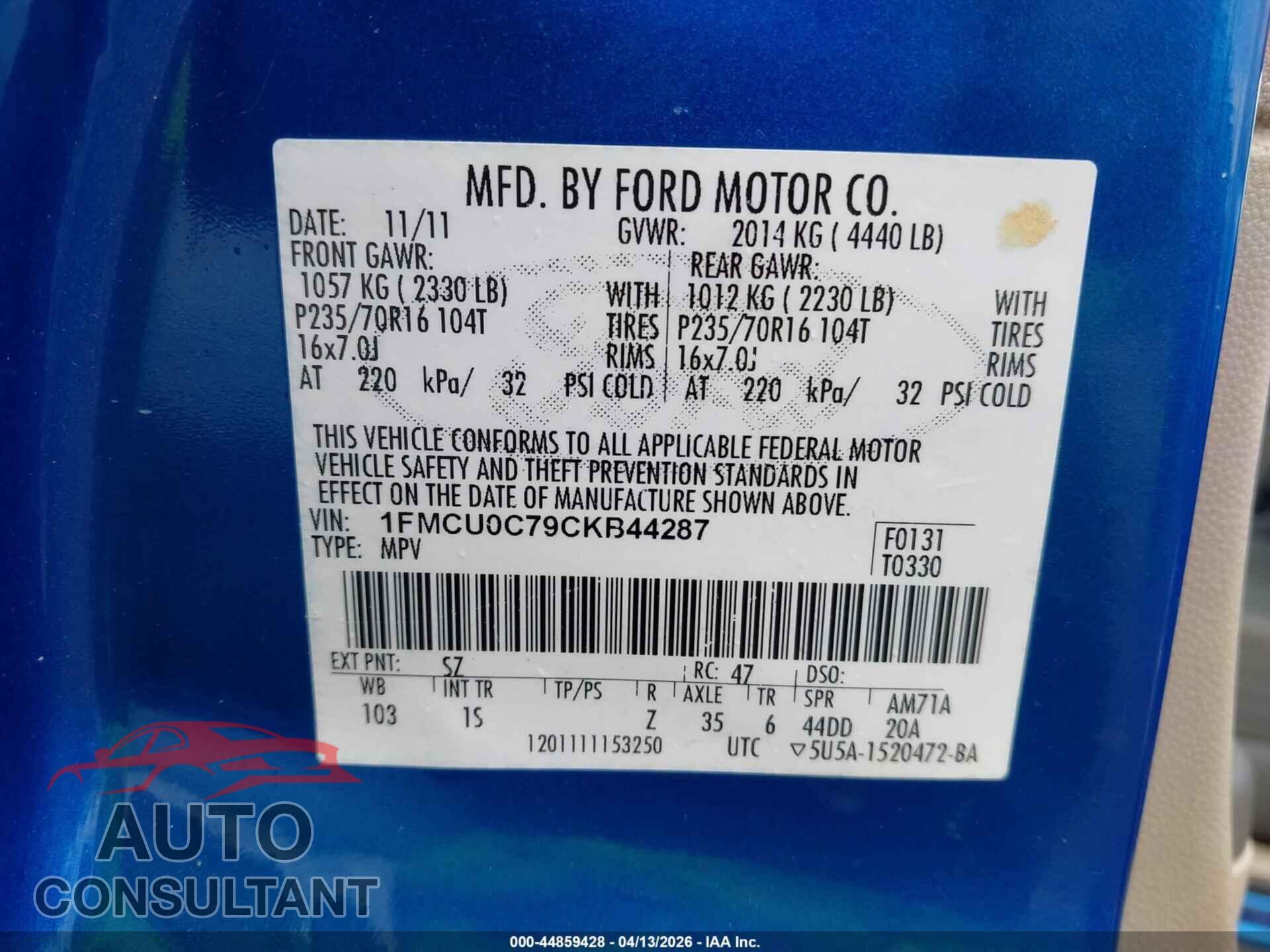 FORD ESCAPE 2012 - 1FMCU0C79CKB44287