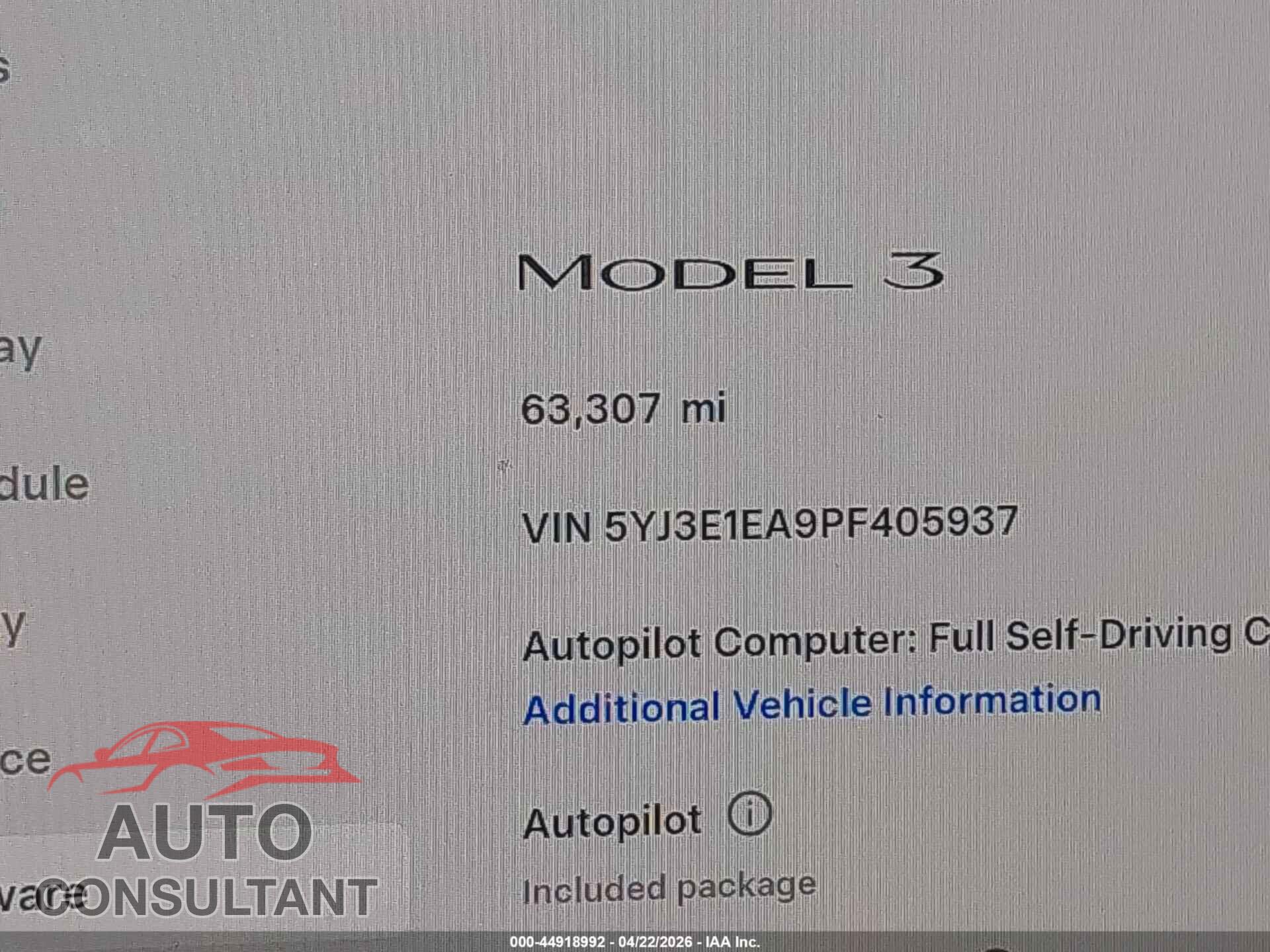 TESLA MODEL 3 2023 - 5YJ3E1EA9PF405937