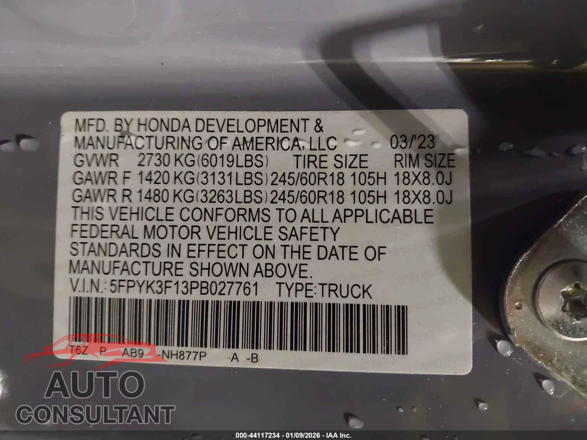 HONDA RIDGELINE 2023 - 5FPYK3F13PB027761