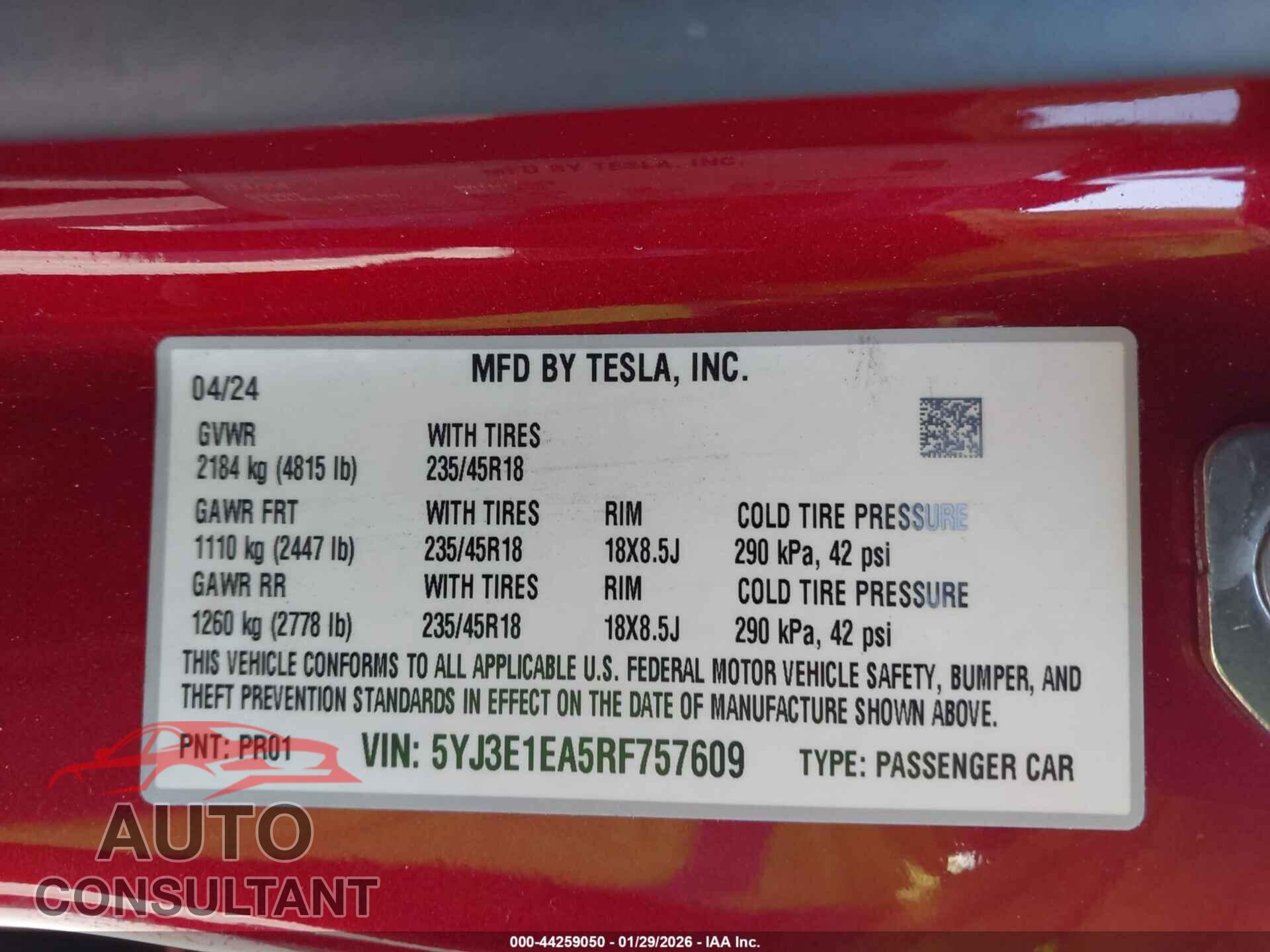 TESLA MODEL 3 2024 - 5YJ3E1EA5RF757609