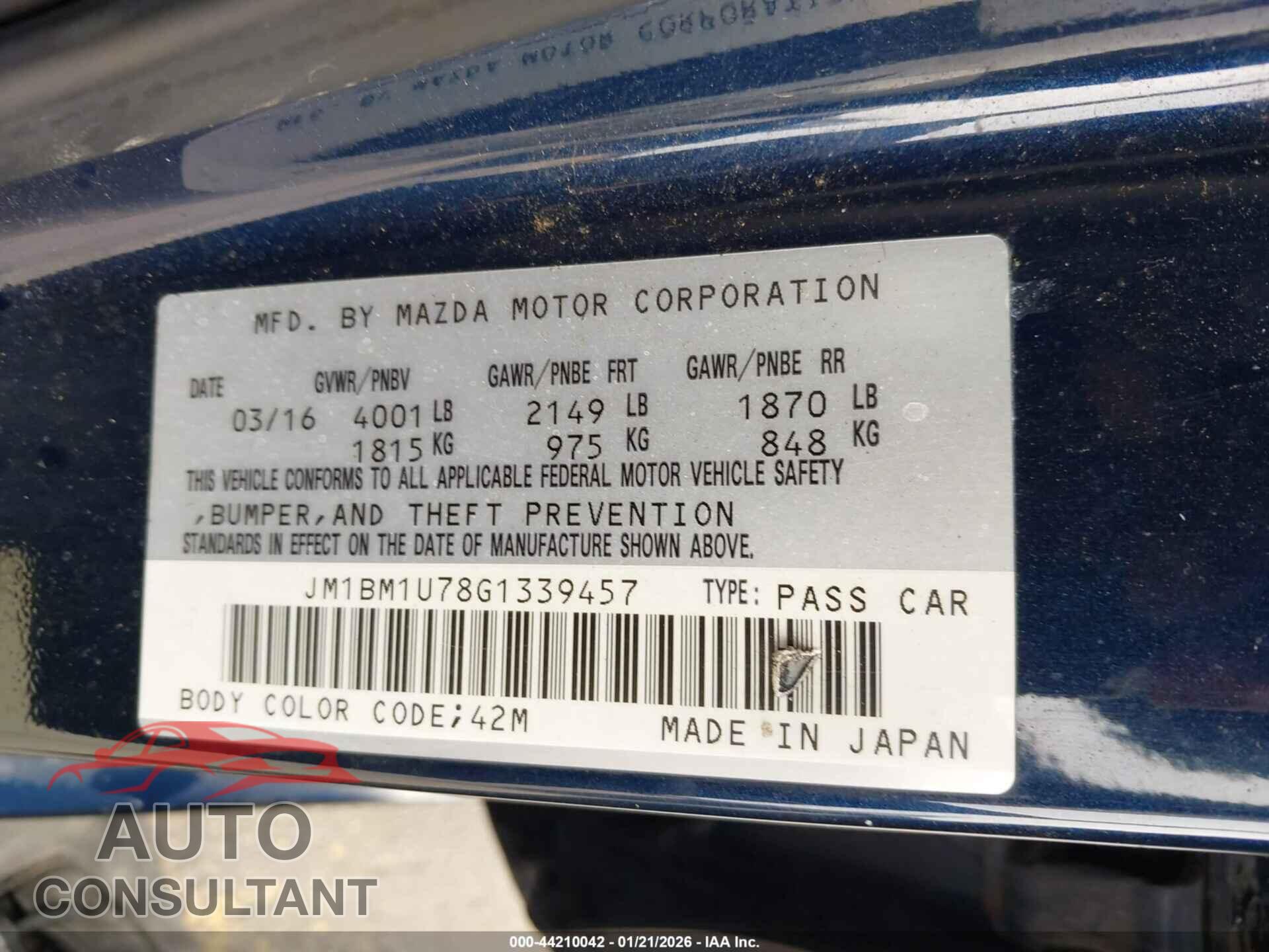 MAZDA MAZDA3 2016 - JM1BM1U78G1339457