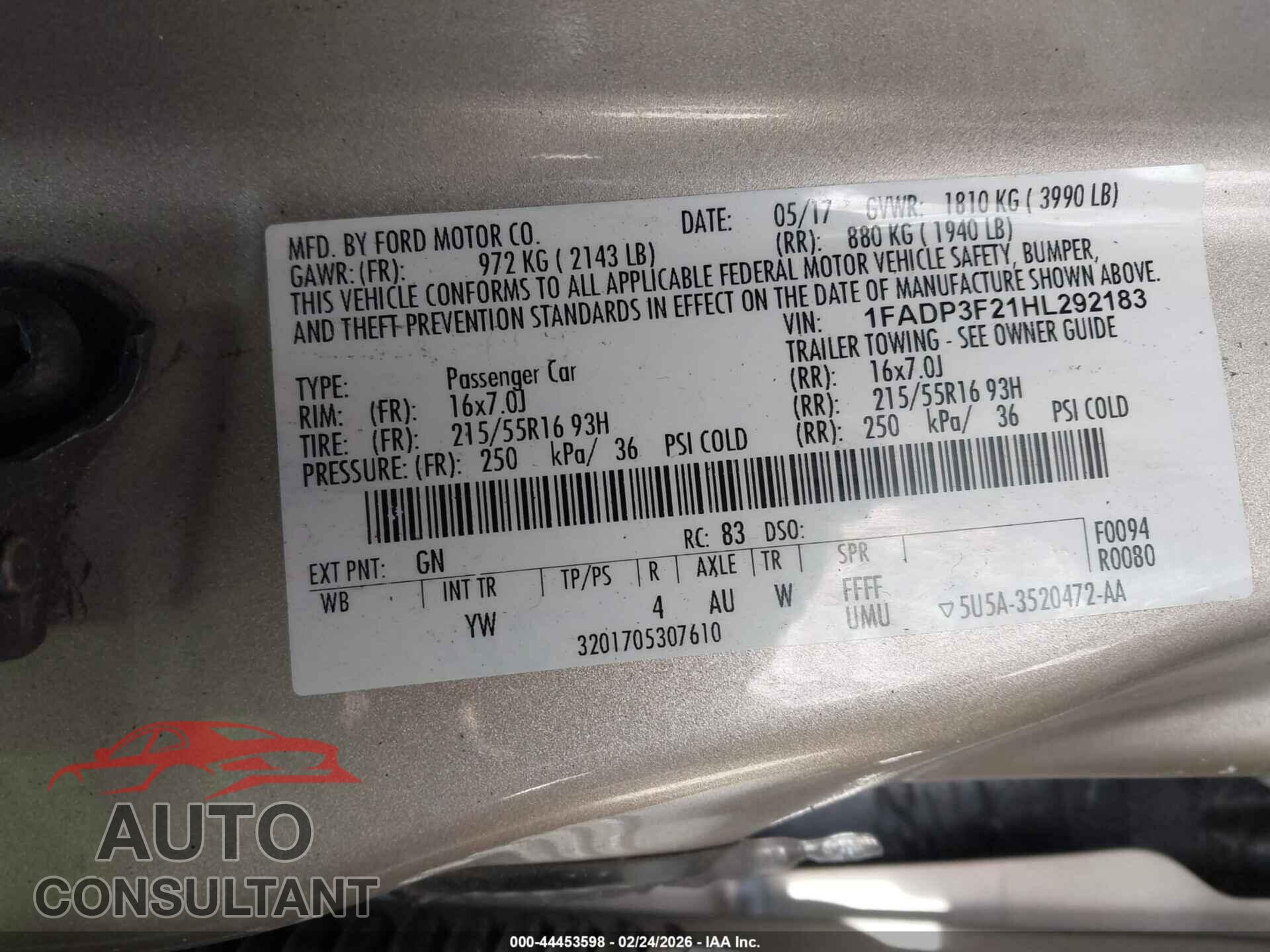 FORD FOCUS 2017 - 1FADP3F21HL292183