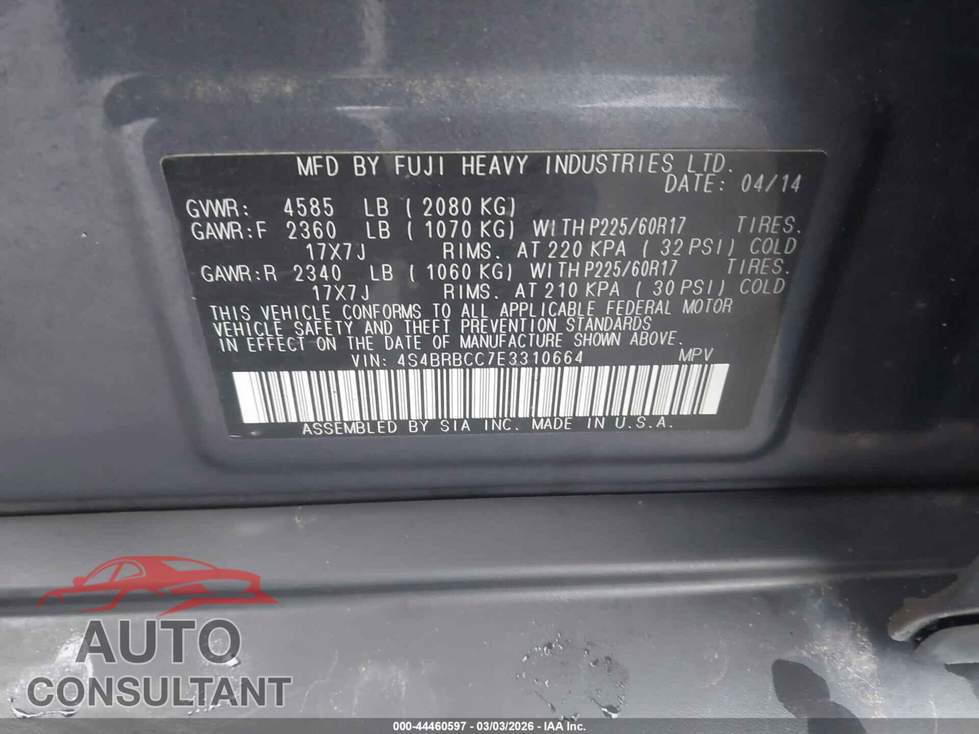 SUBARU OUTBACK 2014 - 4S4BRBCC7E3310664