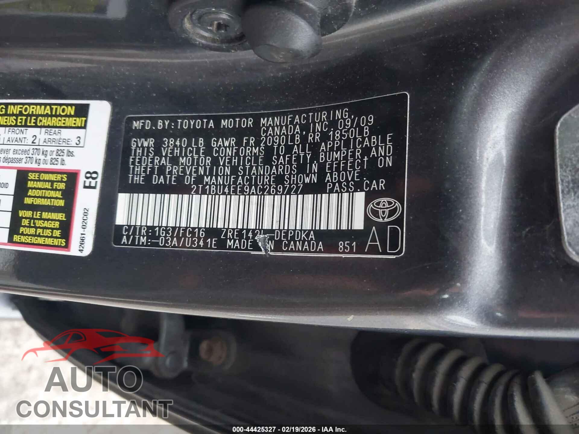 TOYOTA COROLLA 2010 - 2T1BU4EE9AC269727