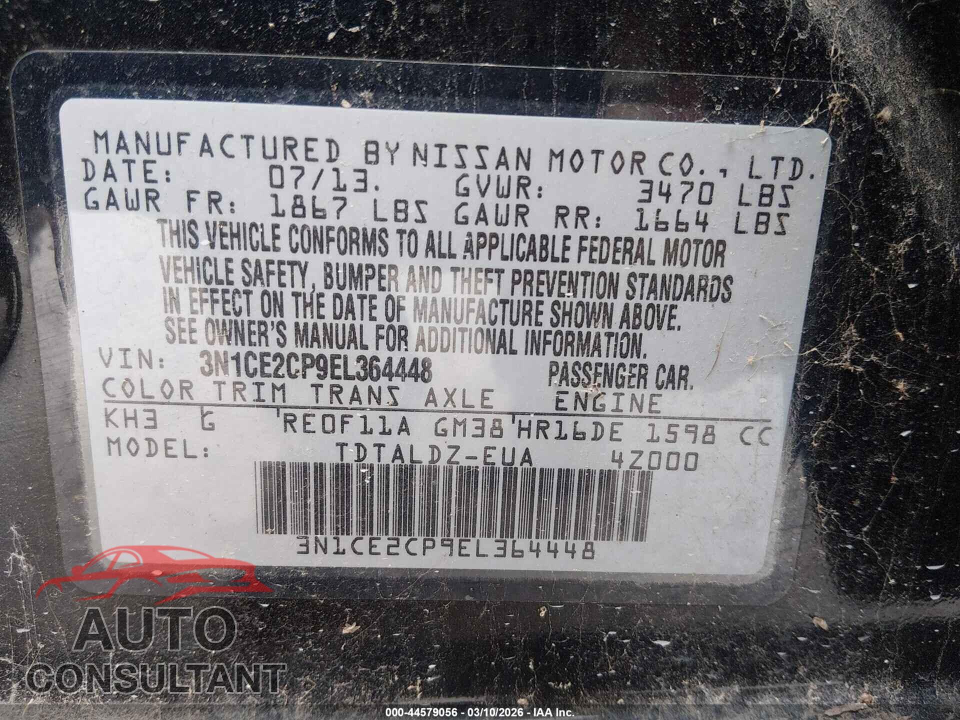 NISSAN VERSA NOTE 2014 - 3N1CE2CP9EL364448