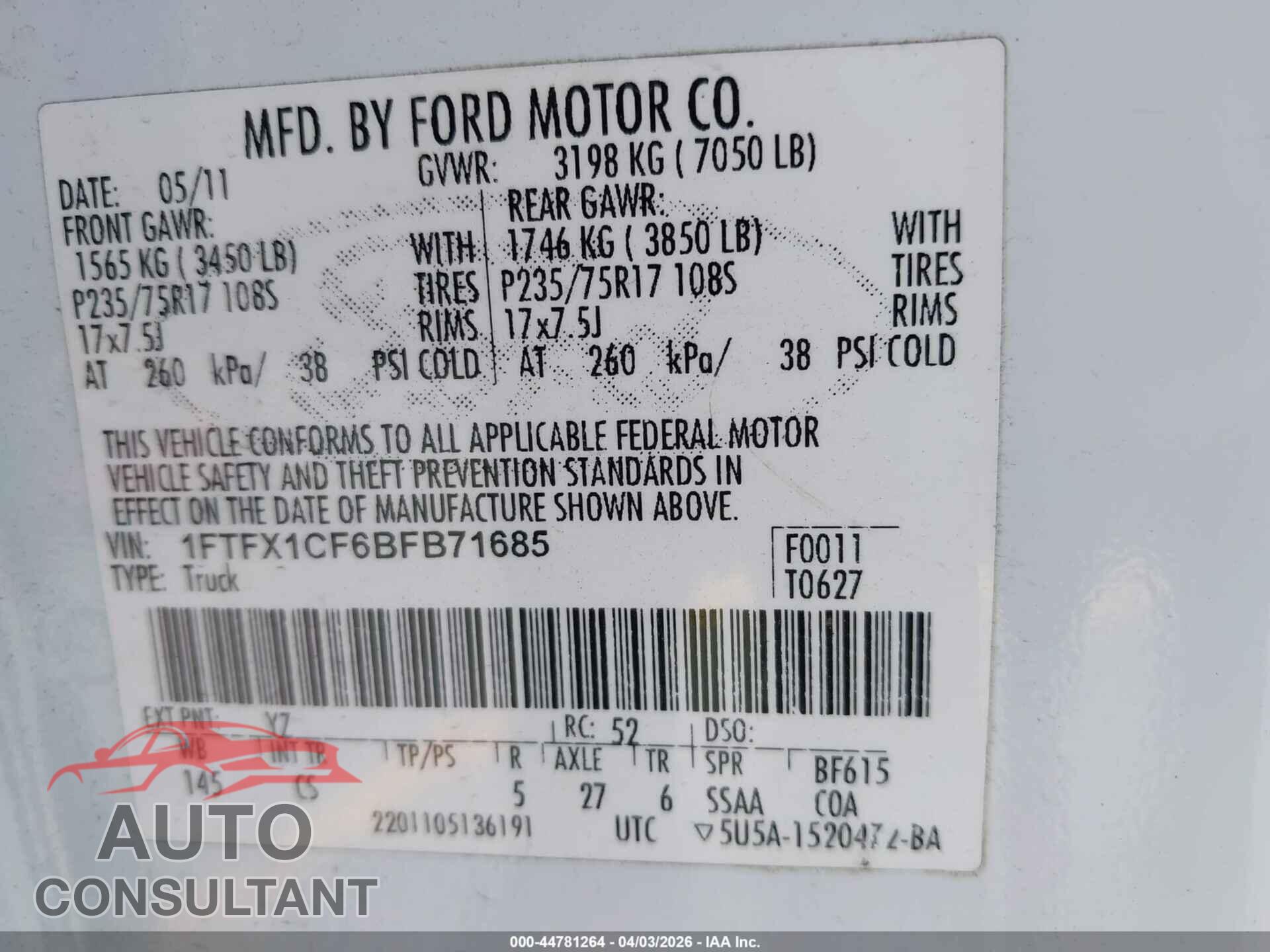 FORD F-150 2011 - 1FTFX1CF6BFB71685