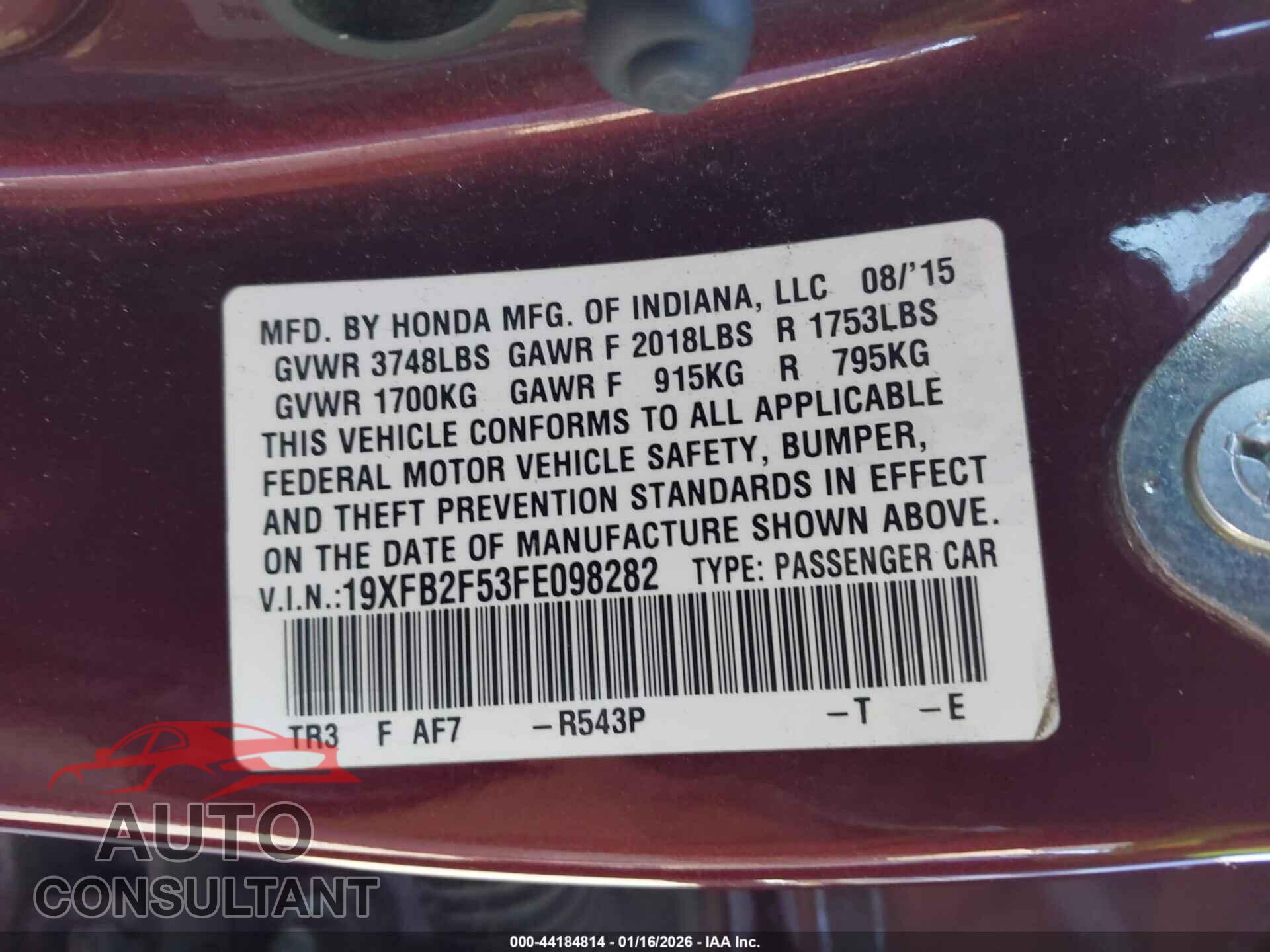 HONDA CIVIC 2015 - 19XFB2F53FE098282
