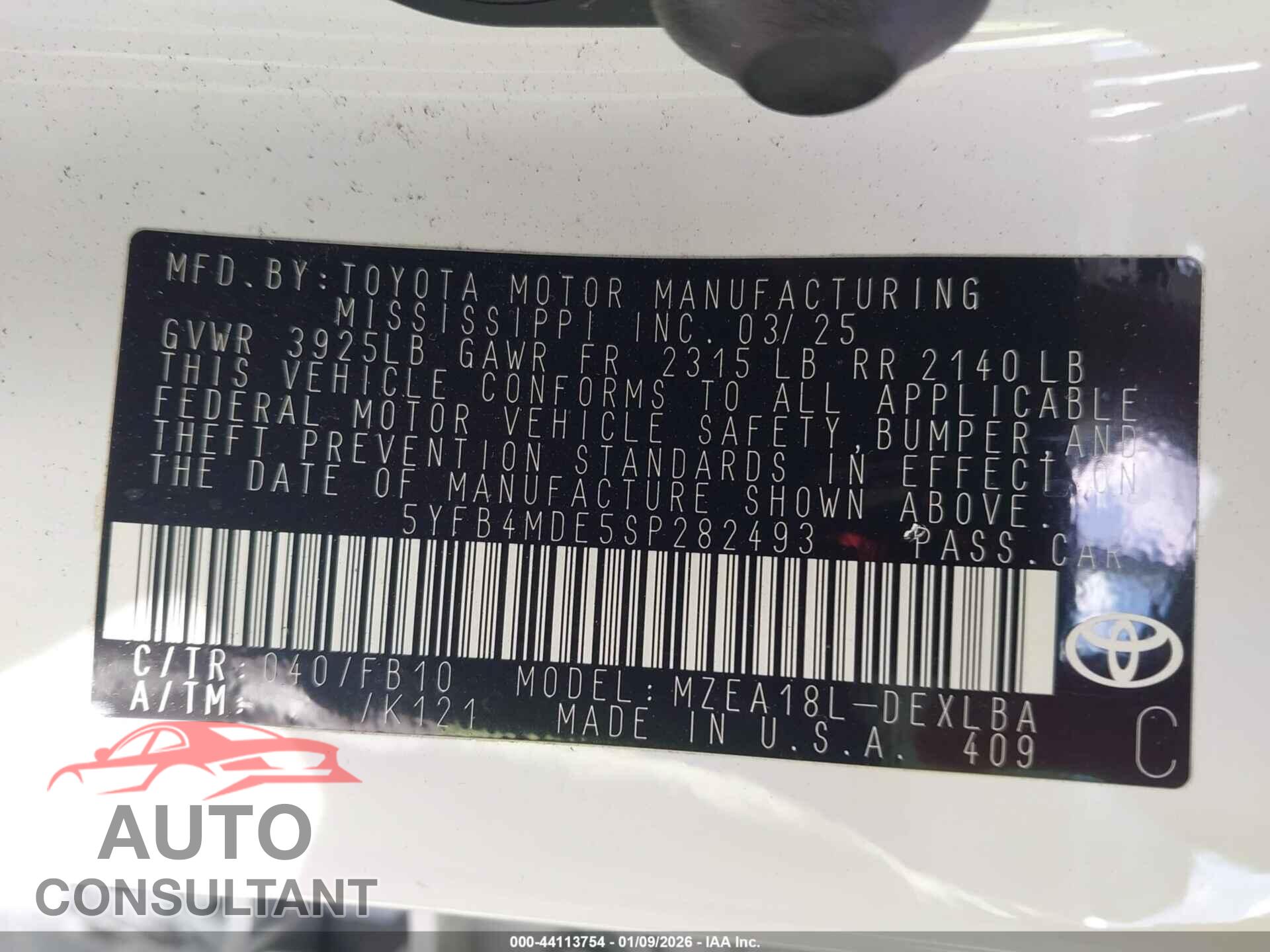TOYOTA COROLLA 2025 - 5YFB4MDE5SP282493