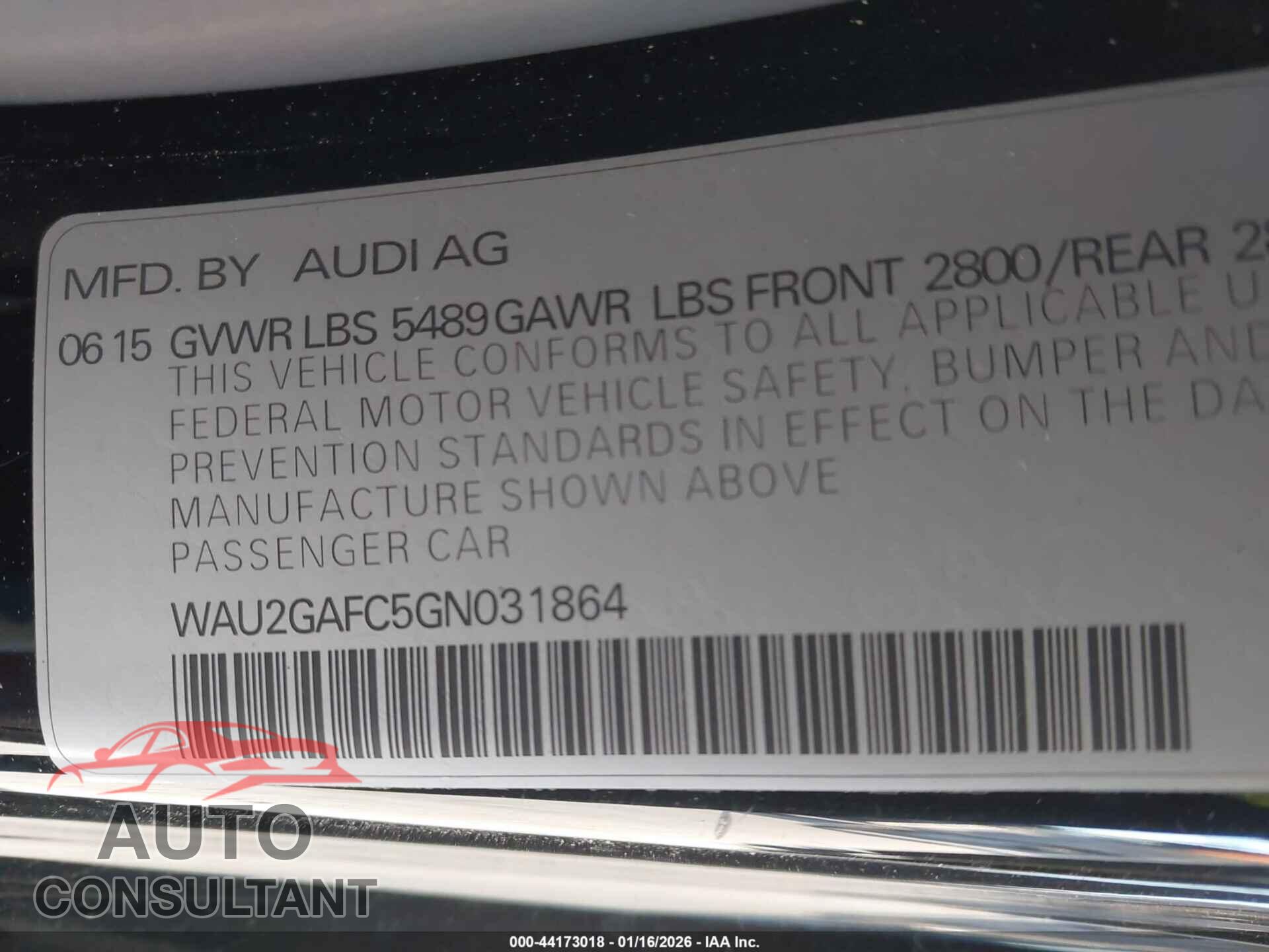 AUDI A7 2016 - WAU2GAFC5GN031864