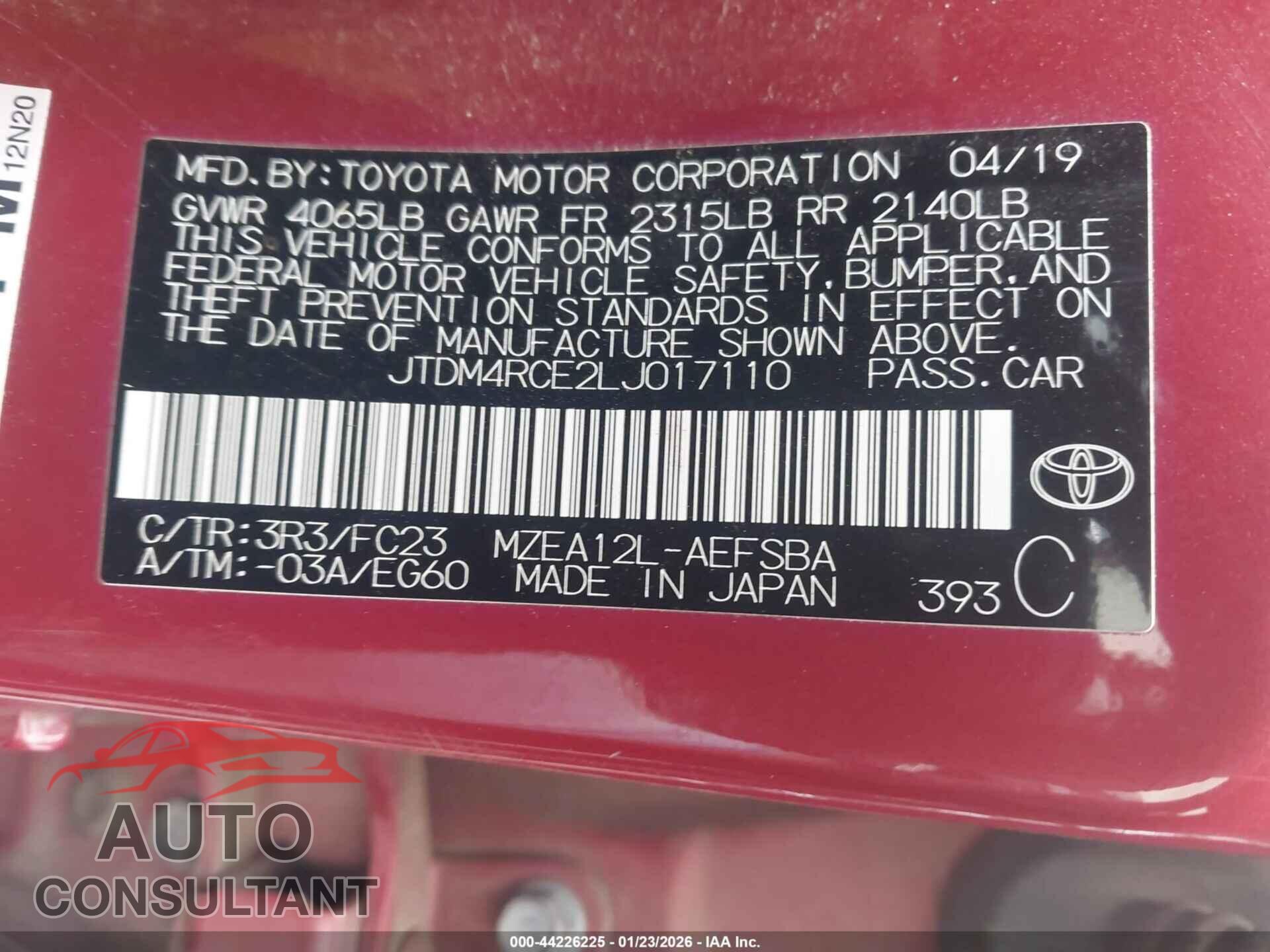 TOYOTA COROLLA 2020 - JTDM4RCE2LJ017110