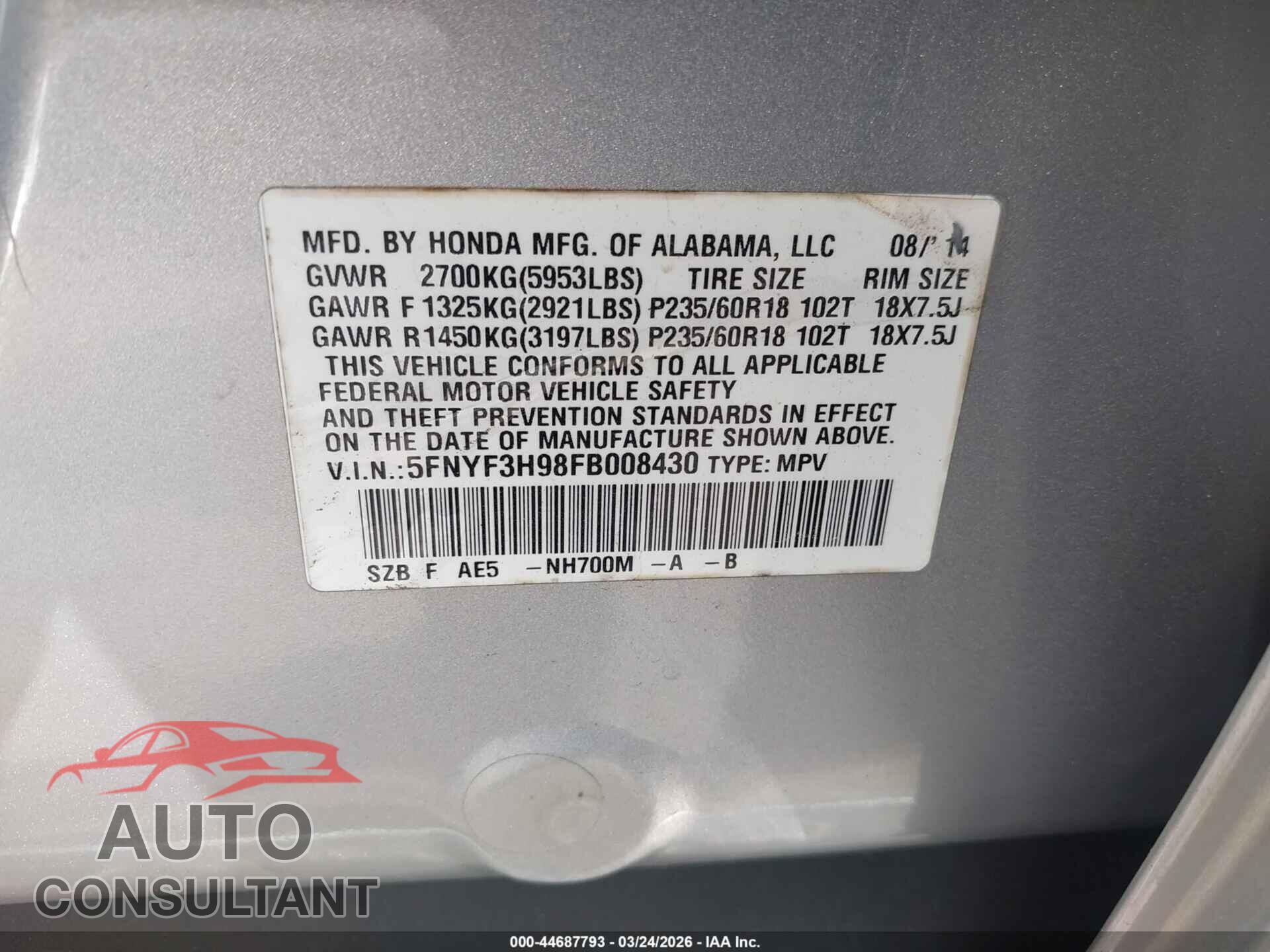 HONDA PILOT 2015 - 5FNYF3H98FB008430