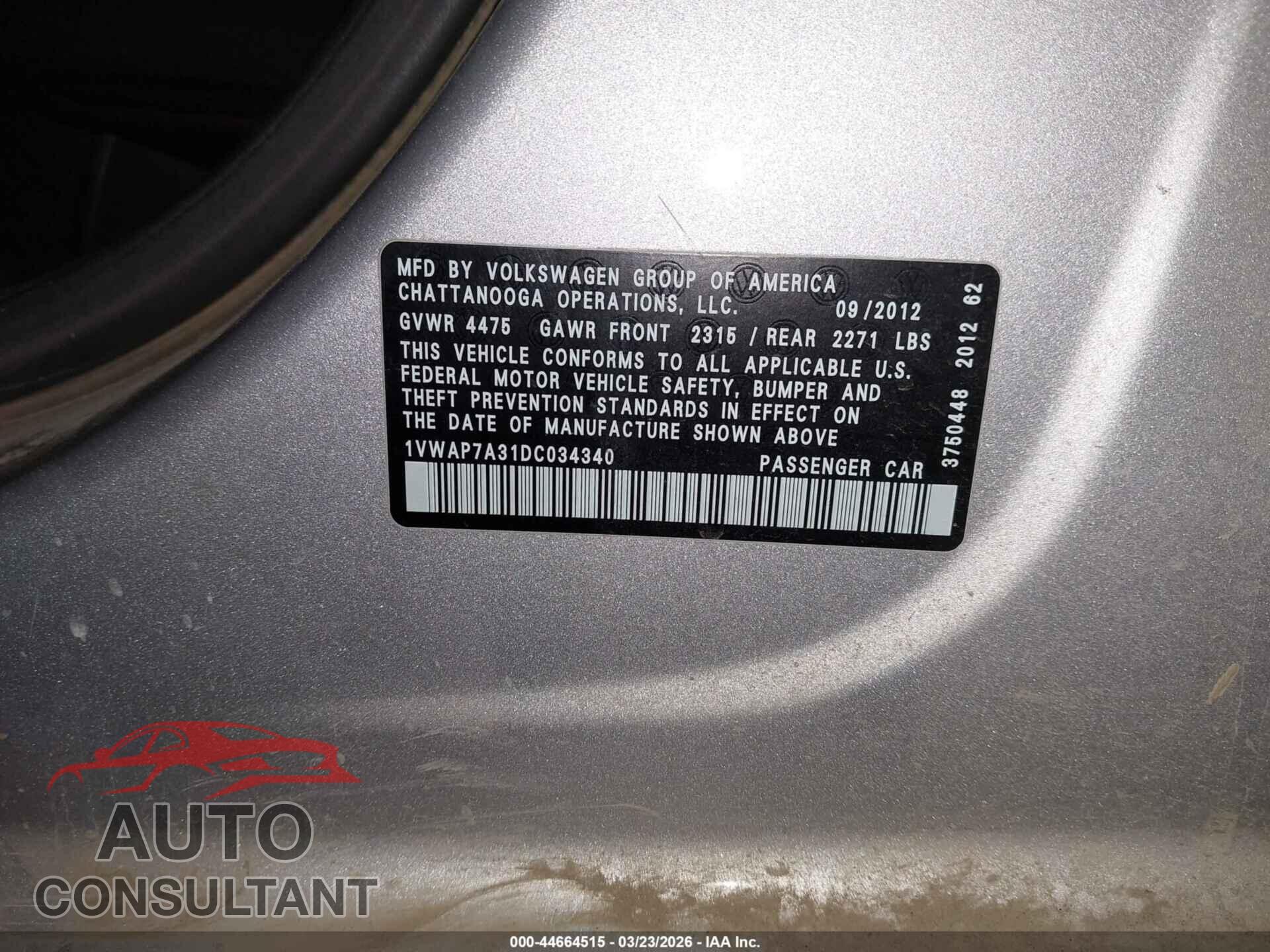 VOLKSWAGEN PASSAT 2013 - 1VWAP7A31DC034340