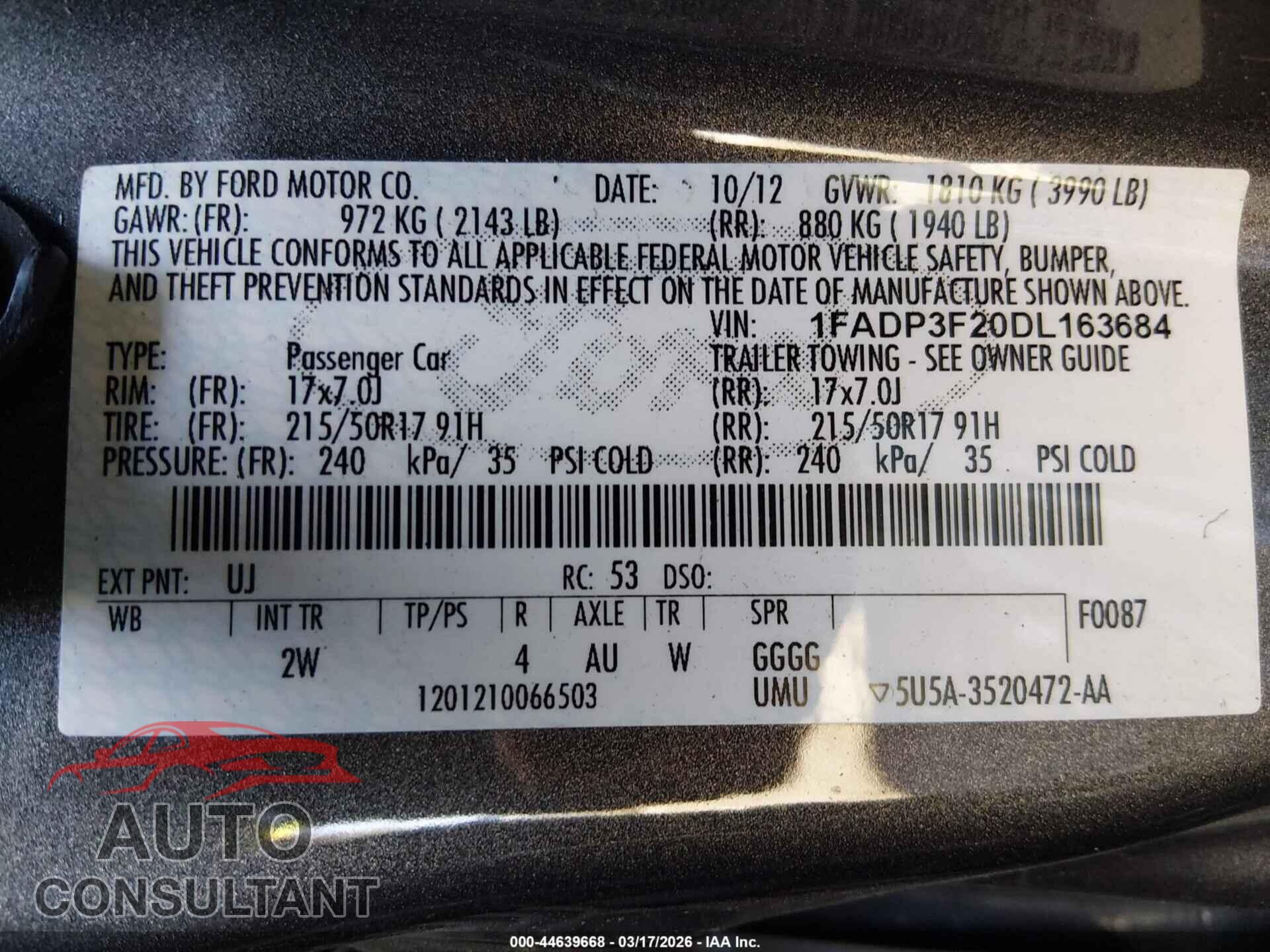 FORD FOCUS 2013 - 1FADP3F20DL163684