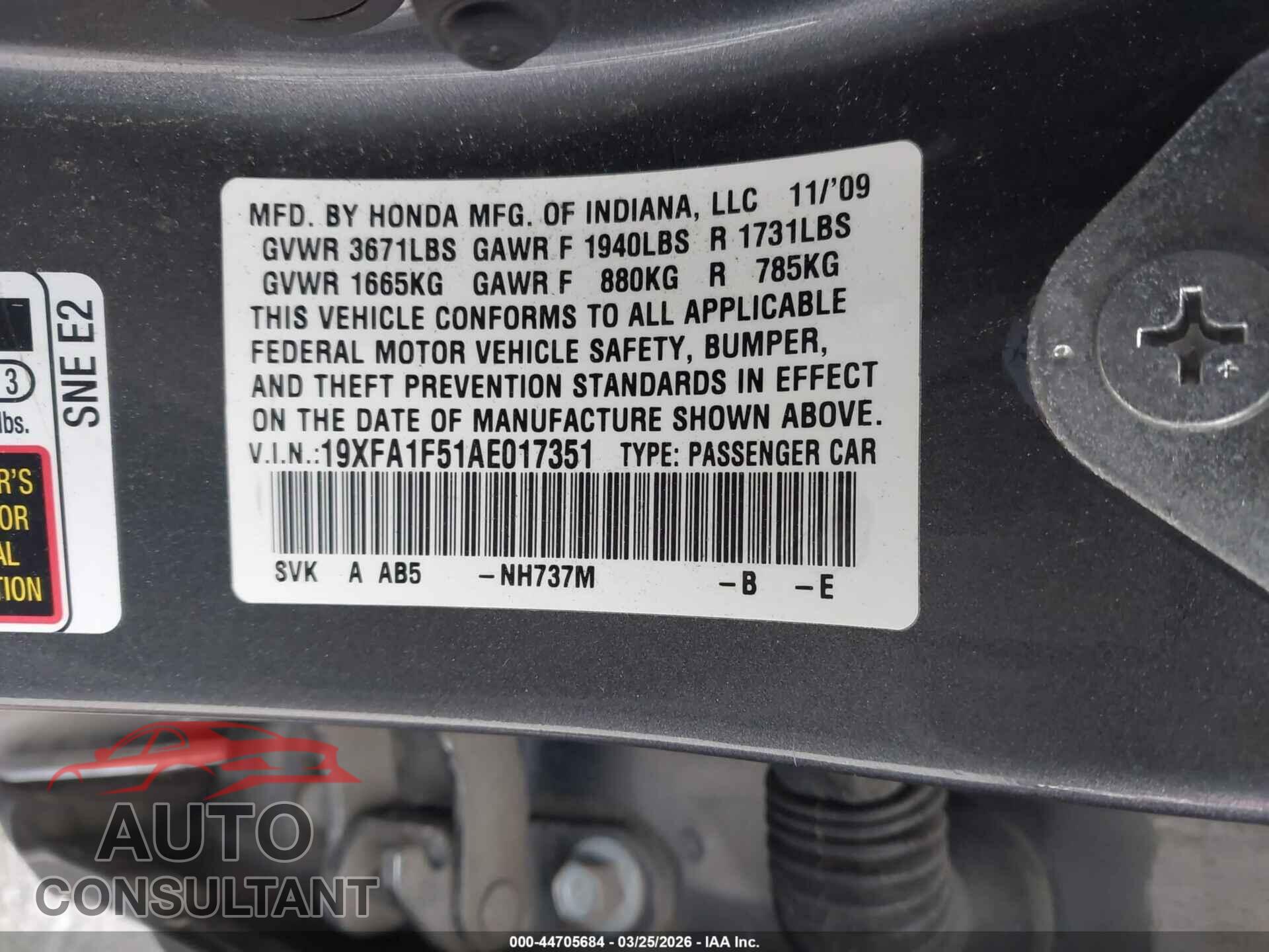 HONDA CIVIC 2010 - 19XFA1F51AE017351