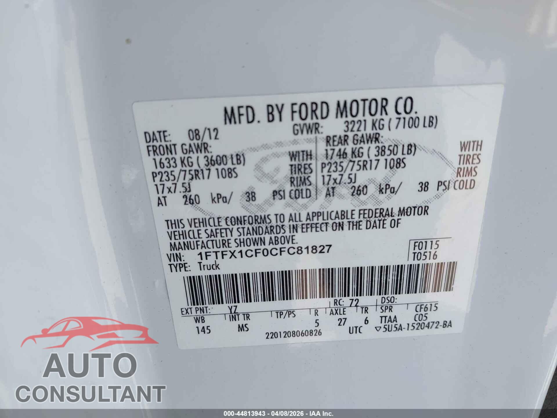 FORD F-150 2012 - 1FTFX1CF0CFC81827