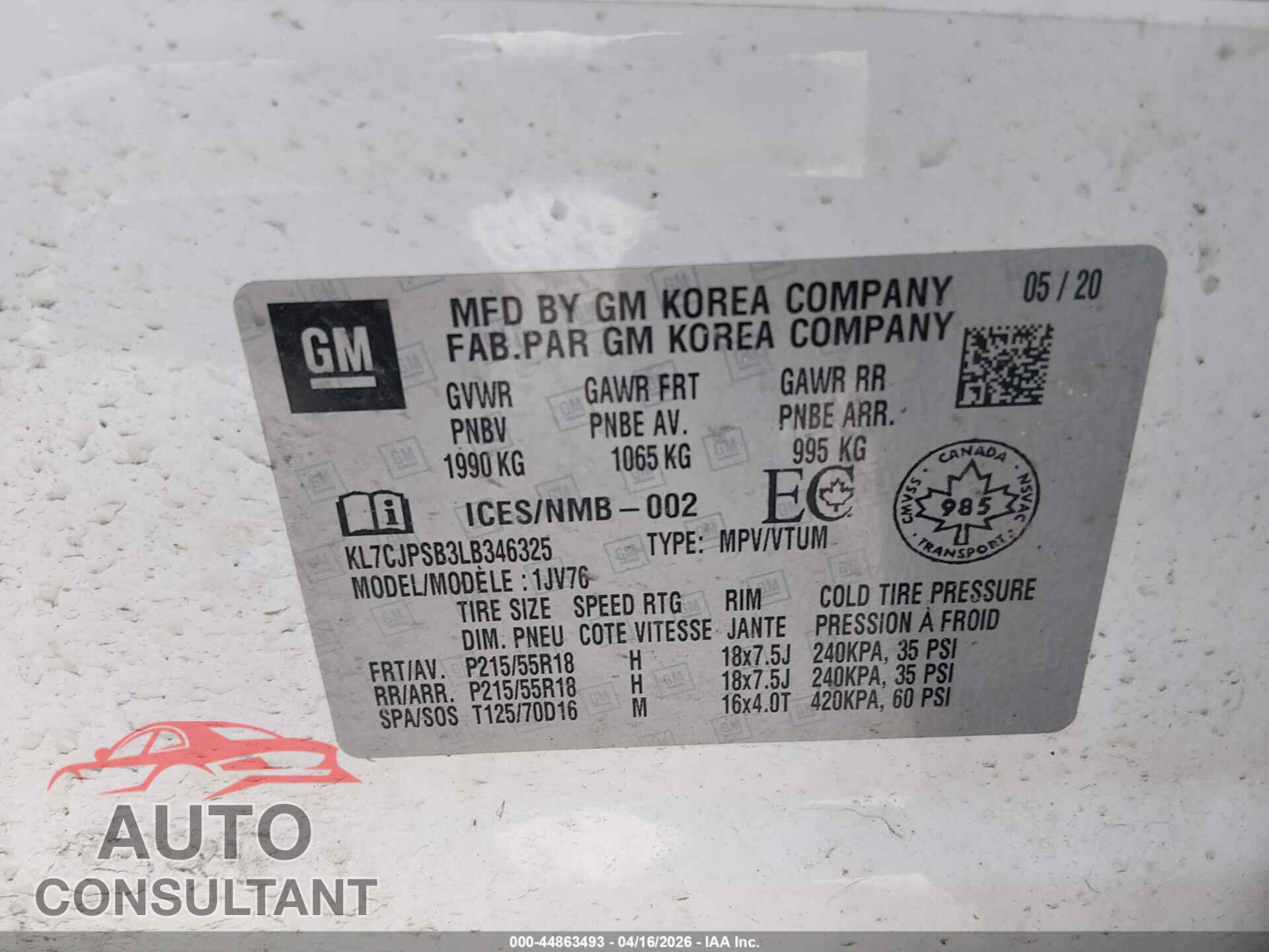 CHEVROLET TRAX 2020 - KL7CJPSB3LB346325