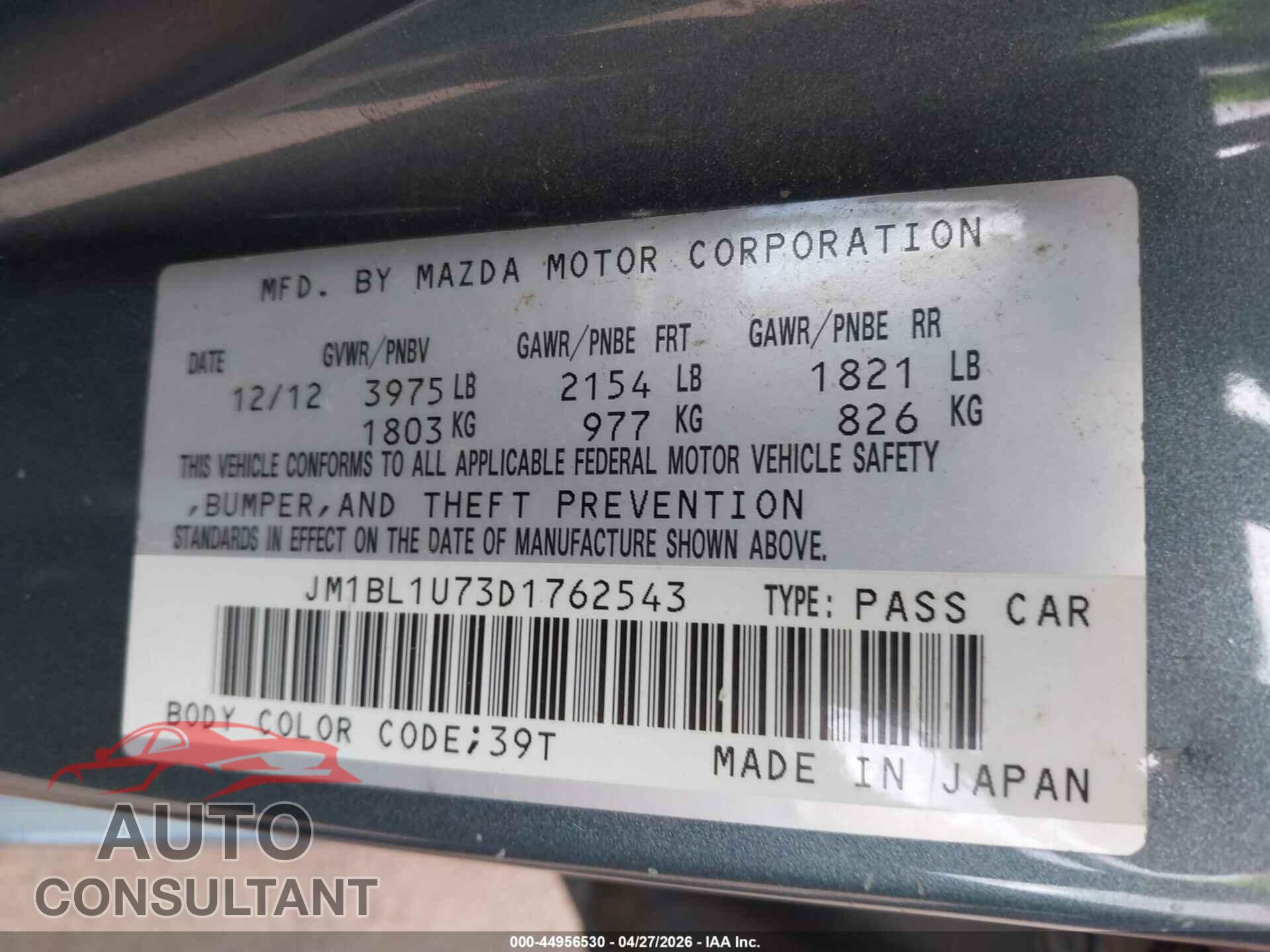 MAZDA MAZDA3 2013 - JM1BL1U73D1762543