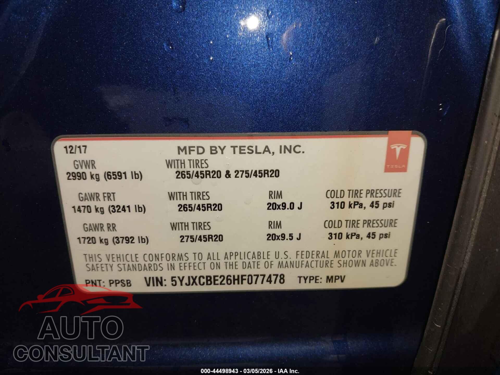 TESLA MODEL X 2017 - 5YJXCBE26HF077478