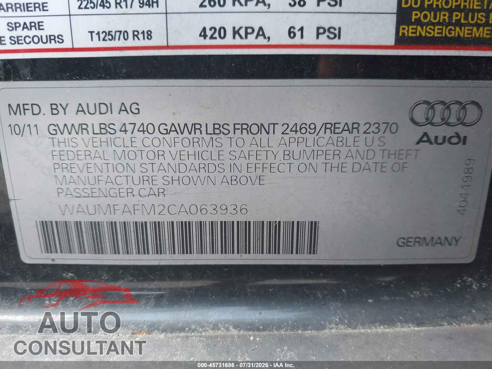 AUDI A3 2012 - WAUMFAFM2CA063936