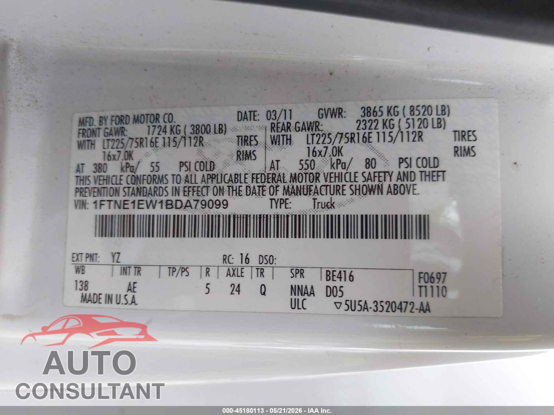 FORD E-150 2011 - 1FTNE1EW1BDA79099