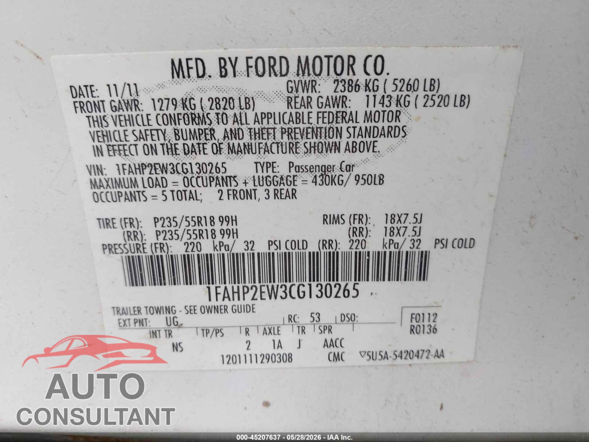 FORD TAURUS 2012 - 1FAHP2EW3CG130265